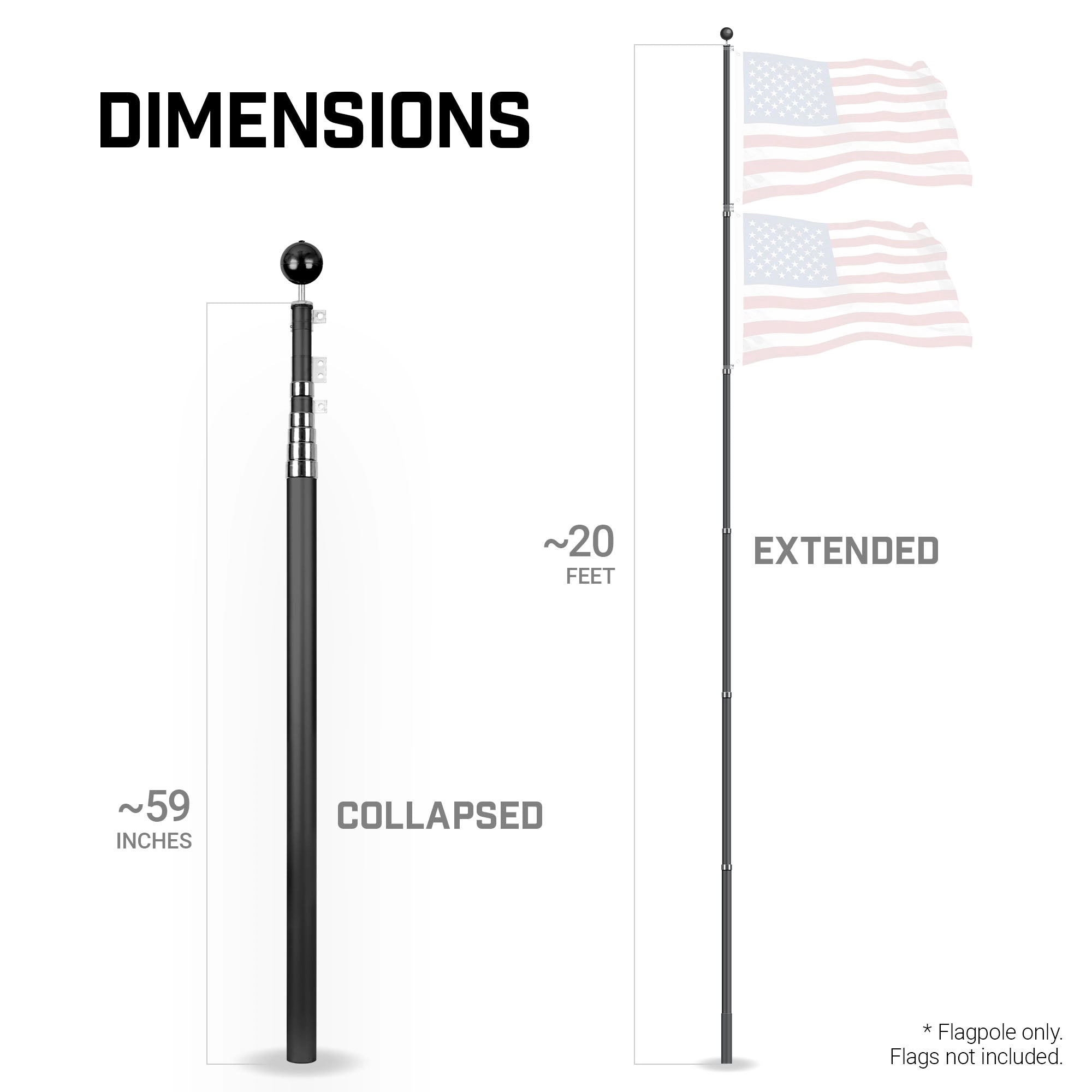 G128 20Ft Telescoping Aluminum Black Flagpole - Inground Heavy-Duty Telescopic Flag Pole, Adjustable 6 to 20 Ft