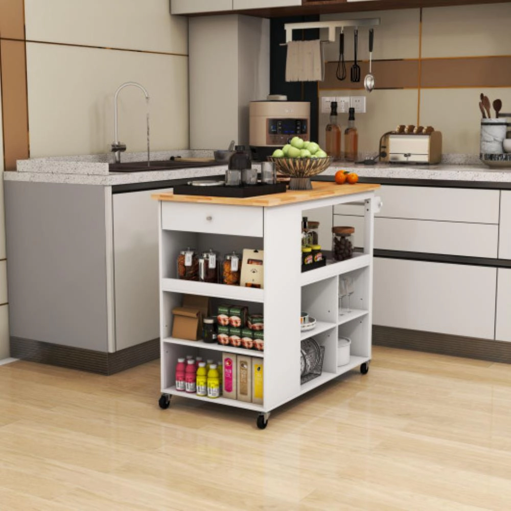 Hivvago Kitchen Island Trolley Cart On Wheels With Storage Open Shelves And Drawer-White