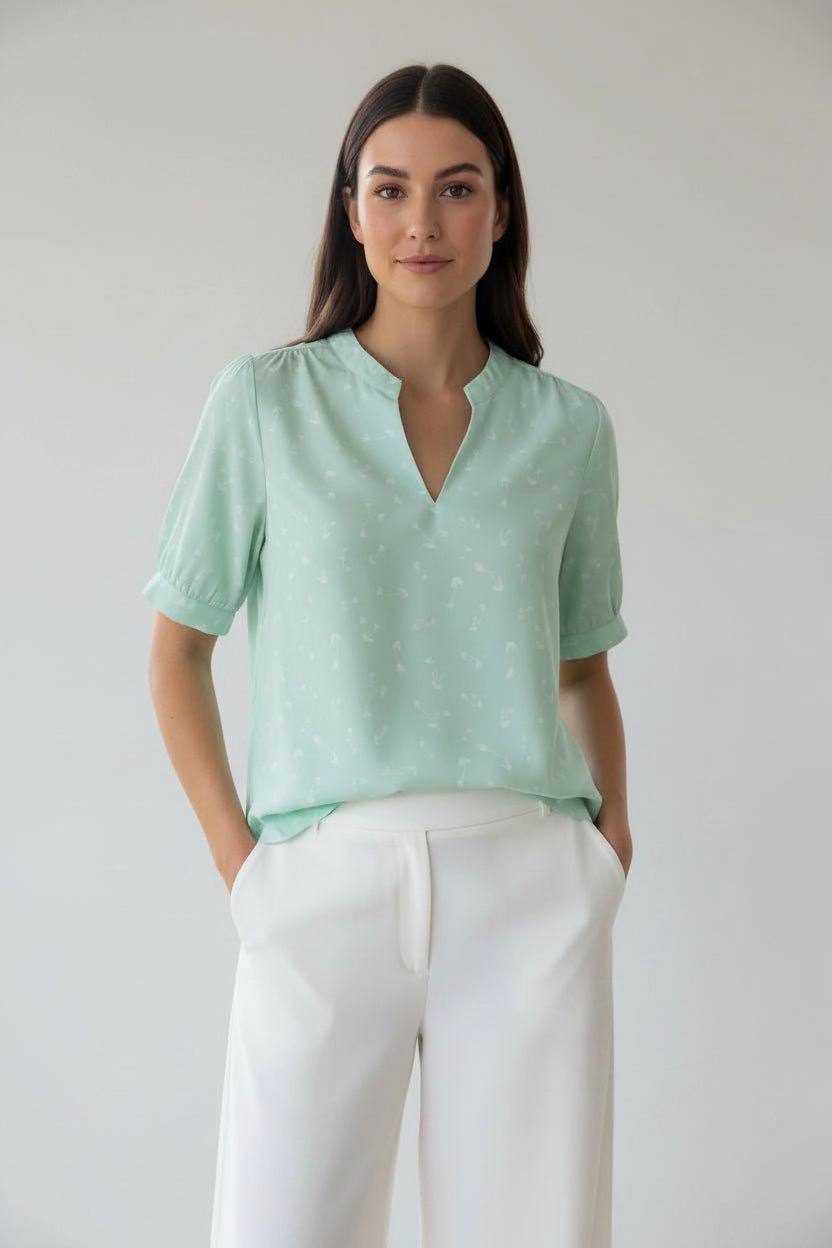 DressAtR Women's Round Split Neck Elbow Sleeve Pullover Blouse