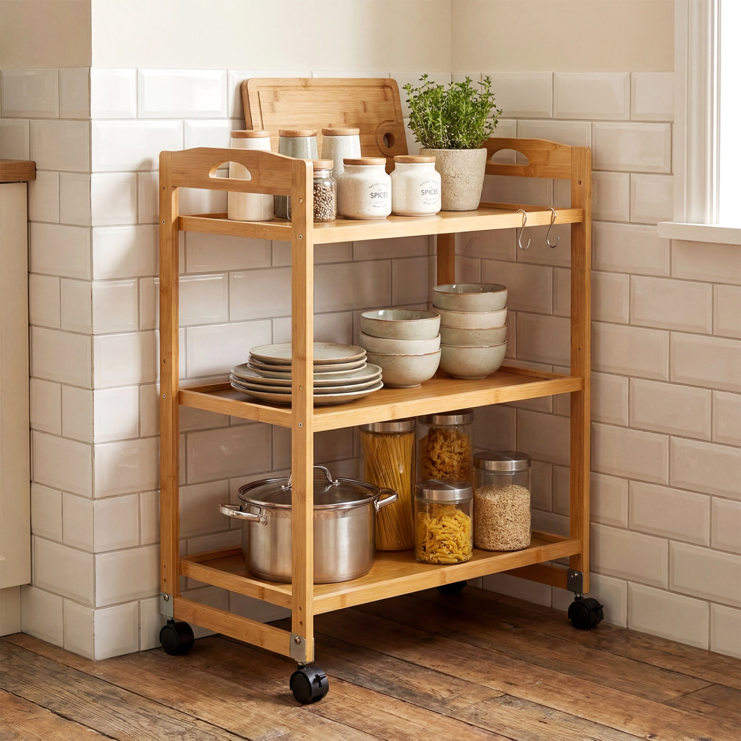 SlickBlue Wicker Utility Cart with 3 Tiers and Hanging Hooks