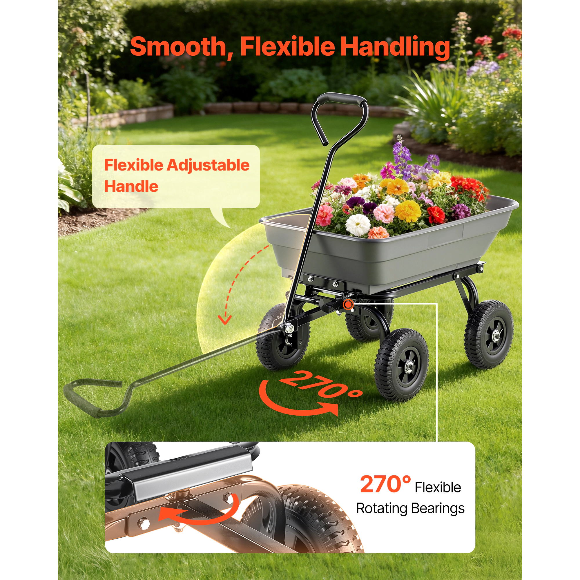 HONGGE Garden Dump Cart Poly Dump Cart Garden Carts Dumps Wagon with 90° Quick-Dumps Mechanism 180° Swivel Wheels 270°