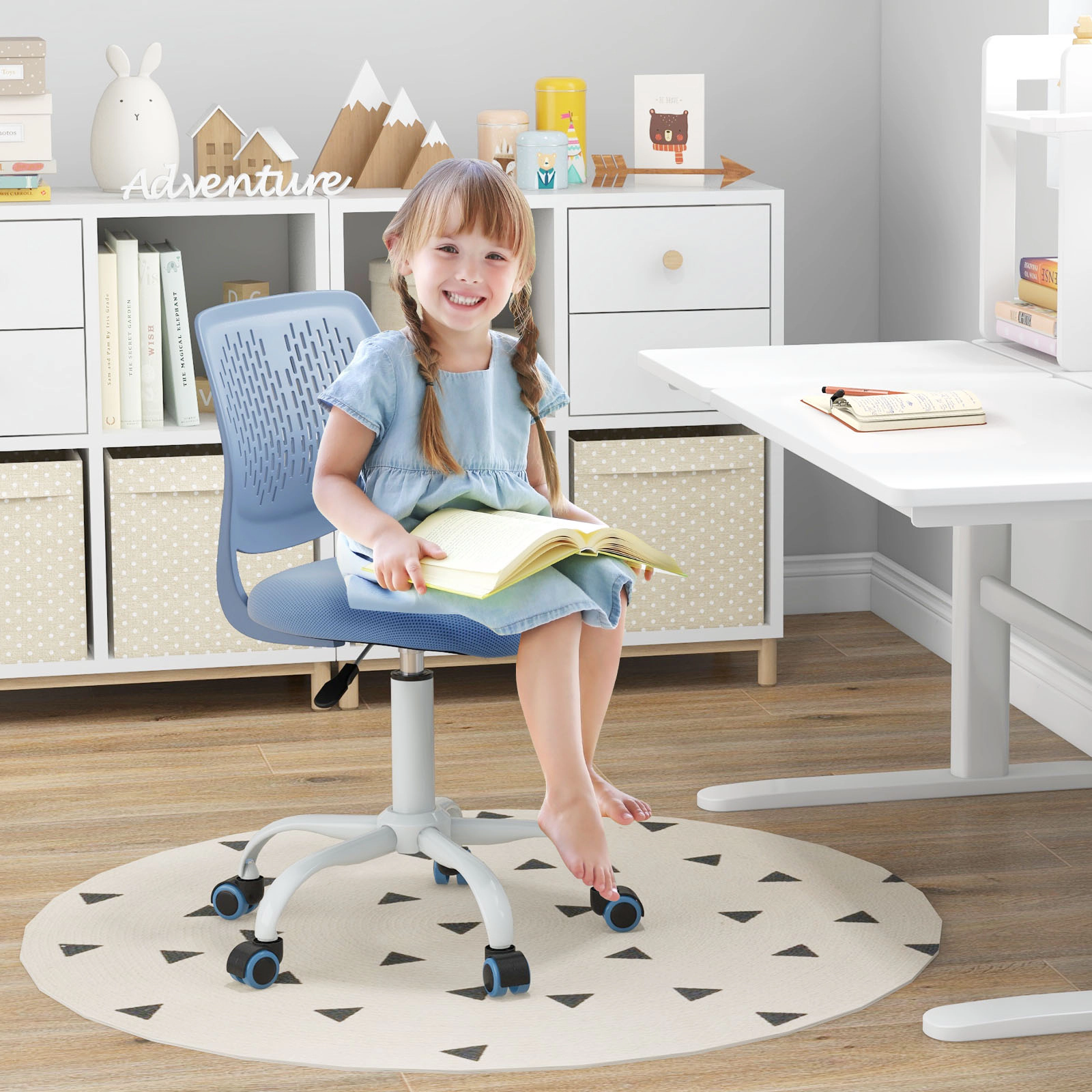 SUGIFT Blue Kids Armless Mesh Desk Chair, Adjustable Height, Rolling 5-Star Base