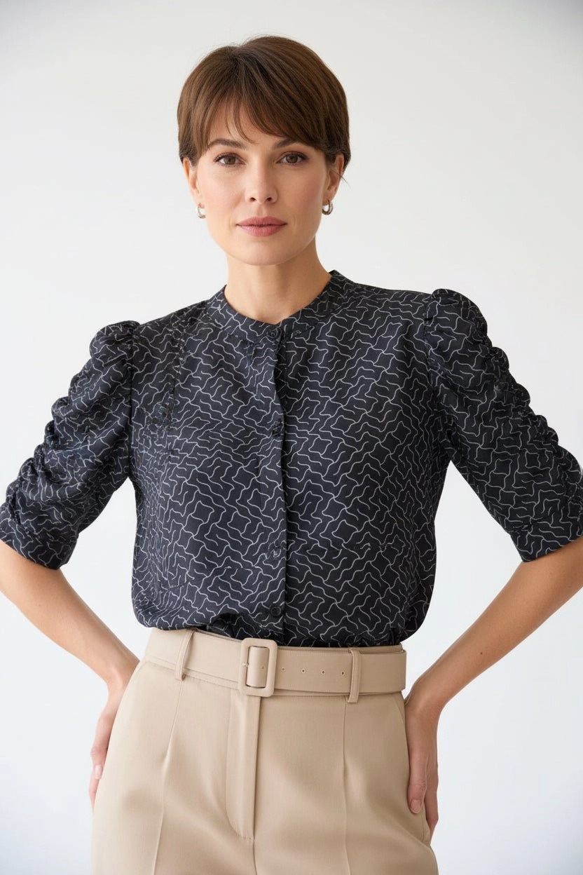 DressAtR Women's Geometric Print Unique Elbow Sleeve Front Button Blouse