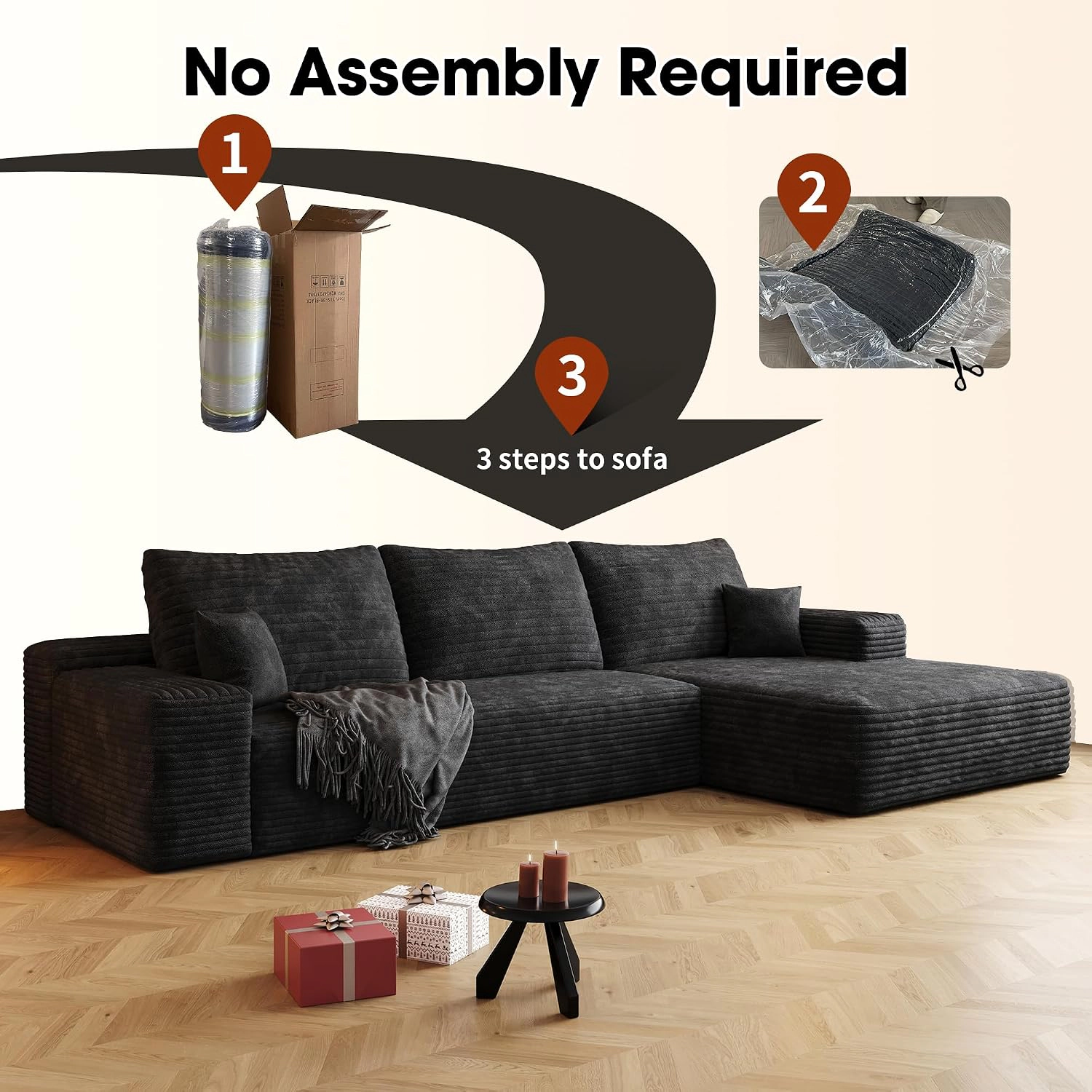 RENDGO 96 Balck Corduroy Boneless L Shaped Modular Sectional Couch for Living Room No Assembly Required