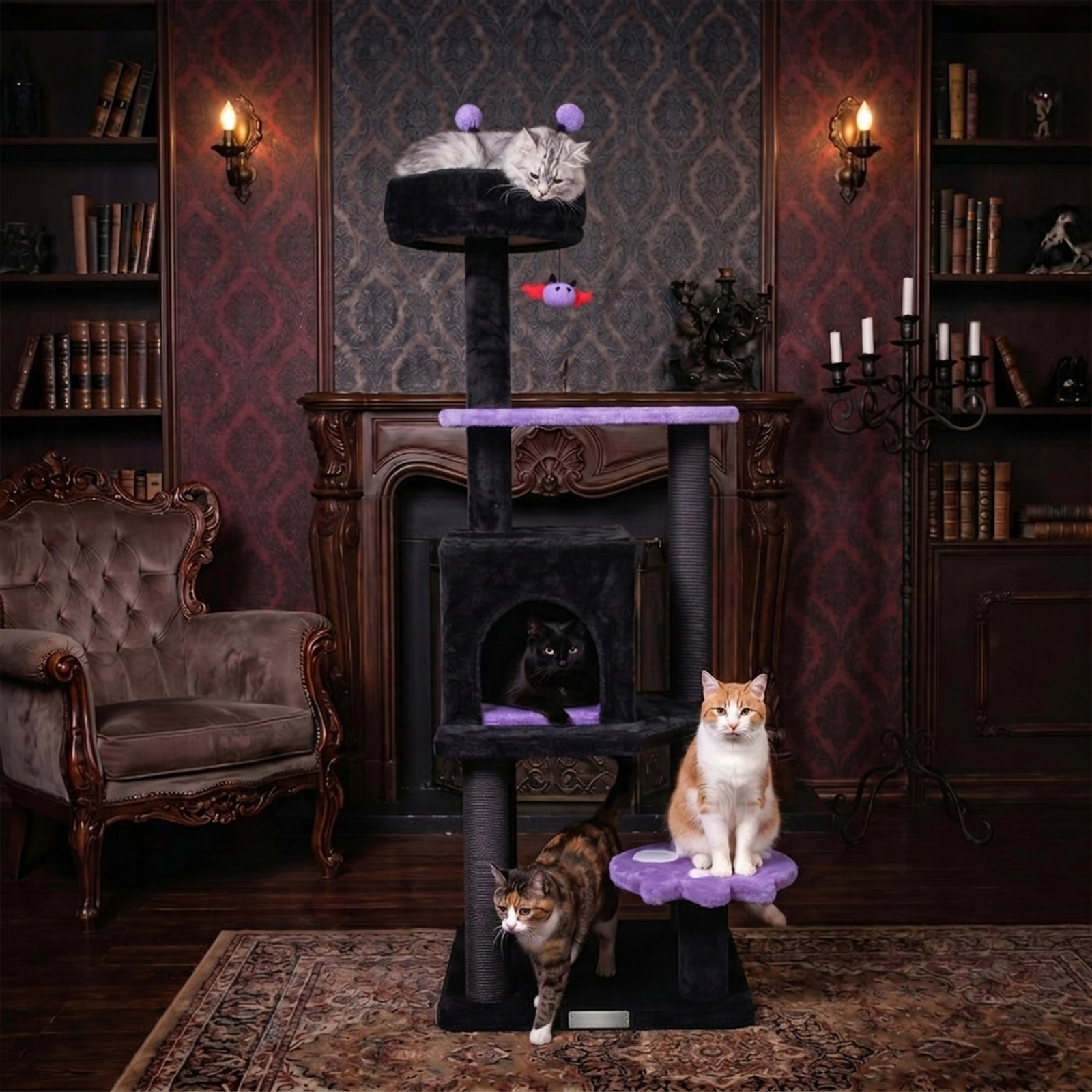 SUGIFT Purple 57 in Spooky Cat Tower with Ghost Platform and Spider Hanging Toy