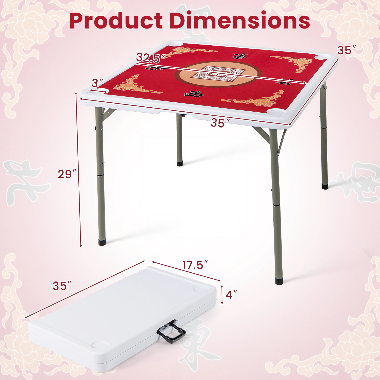 SUGIFT 35-in 180-lb Capacity Portable Folding Mahjong Table with 32.5-in Felt Mat and Cup Holders