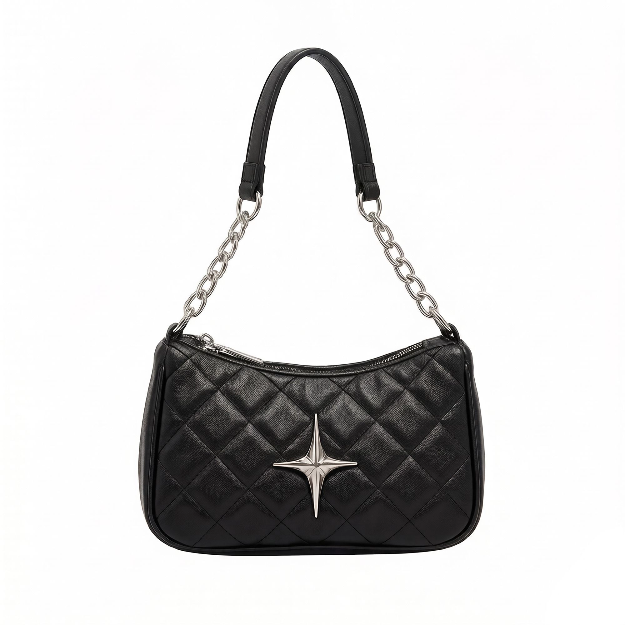 Alilang Women's Quilted Shoulder Bag with Chain Strap and Star Accent, White