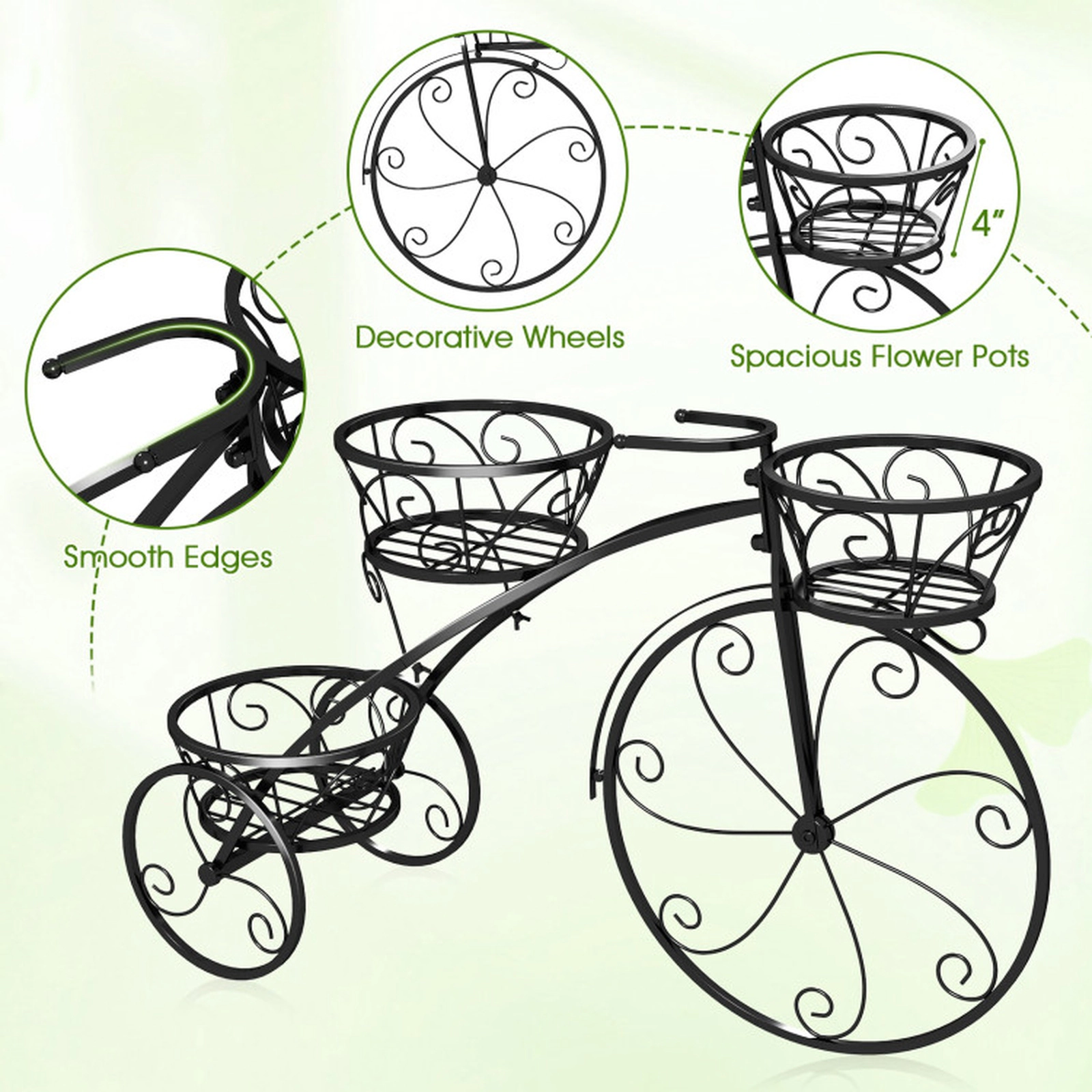 SUGIFT 3-Tier Tricycle Plant Stand Flower Pot Cart Holder with 3 Hollowed Baskets 11-lb Capacity Black