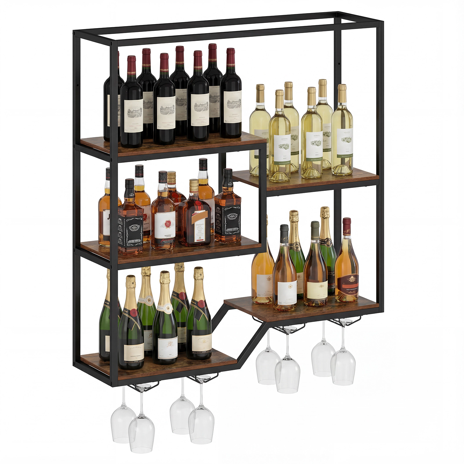LJG Wall Mounted Wine Rack 6-Tier Hanging Bar Shelf with Bottle Display Shelf and Glass Holder