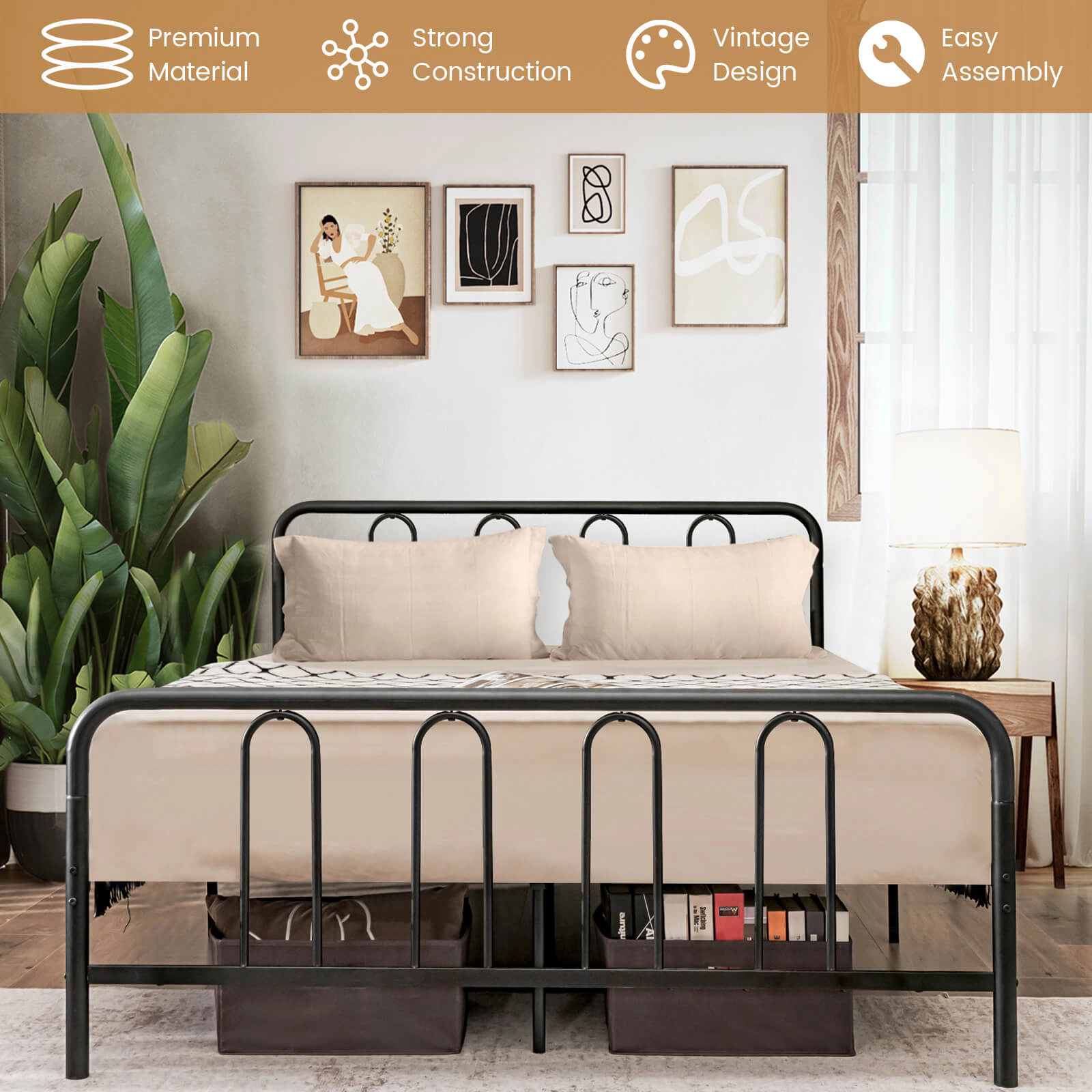 SUGIFT Full Size 660-lb Bed Capacity Metal Bed Frame with Headboard and Footboard 78.5-in L 55.5-in W Black