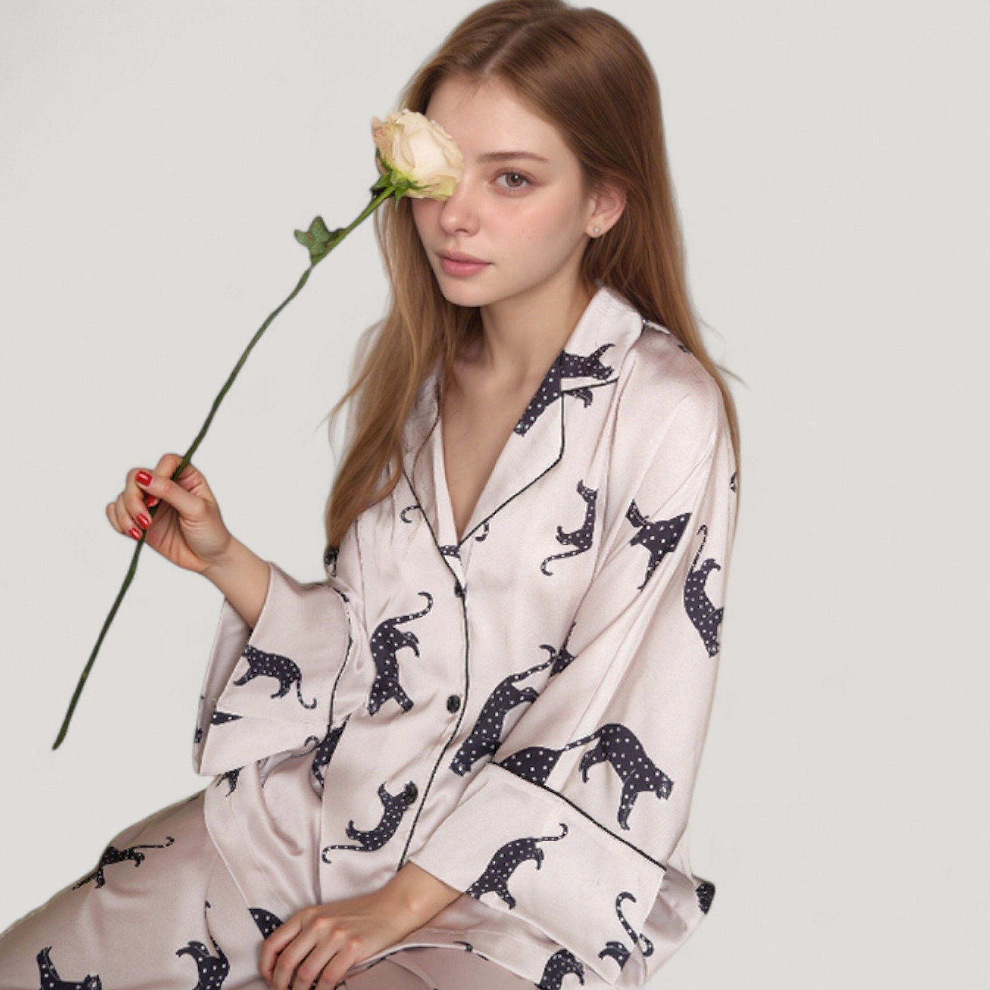 Anna-Kaci Women's Cat Print Satin Pajama Set Long Sleeve Button Up Top with Elastic Waist Full-Length Pants
