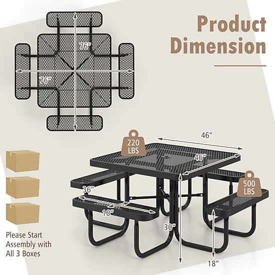 Hivvago Square Picnic Table And Bench For 8 Person With Seats And Umbrella Hole-Black