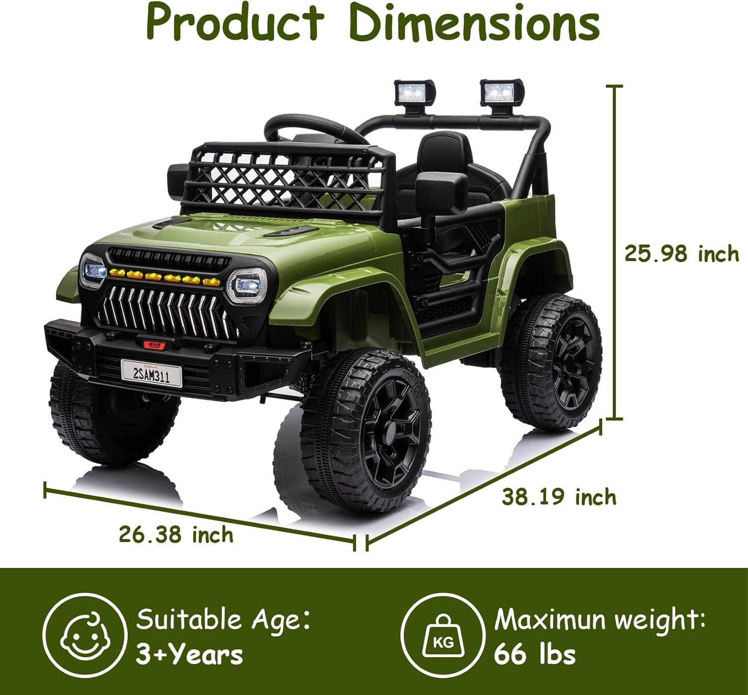 Enjyam 12V Kids Electric Ride-On Truck with Remote, Spring Suspension, LED Lights, Music, Dual 30W Motors
