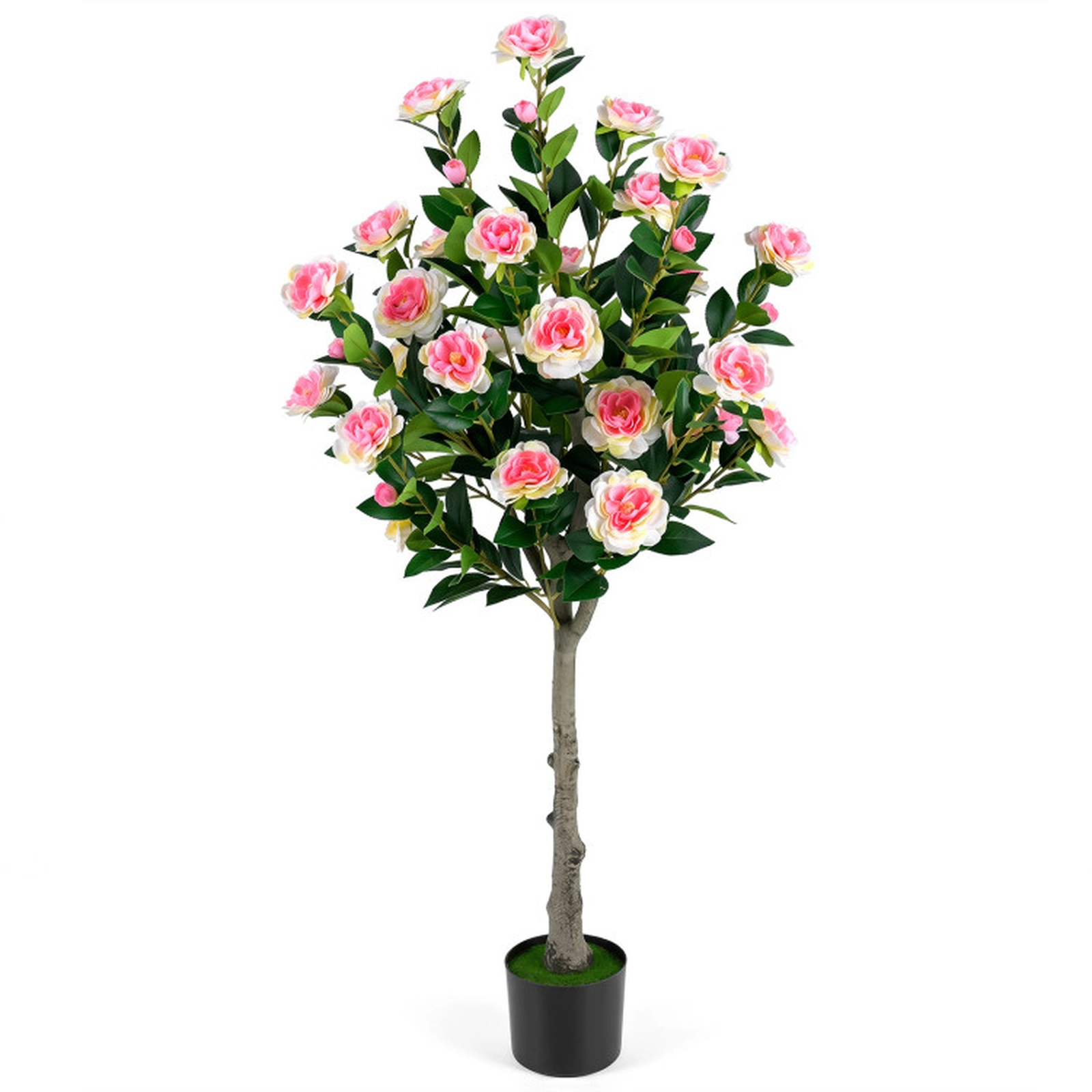 SUGIFT 50.5-in Tall Artificial Pink Camellia Tree with 27 Blossoms Green Moss and Cement-Filled Pot