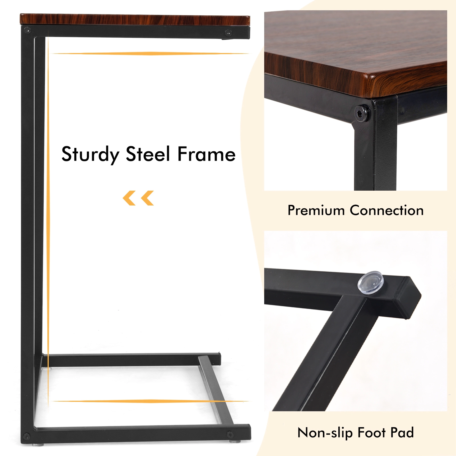 Slickblue L Shape End Table Dark Brown Metal Frame Laptop Snack Table Living Room