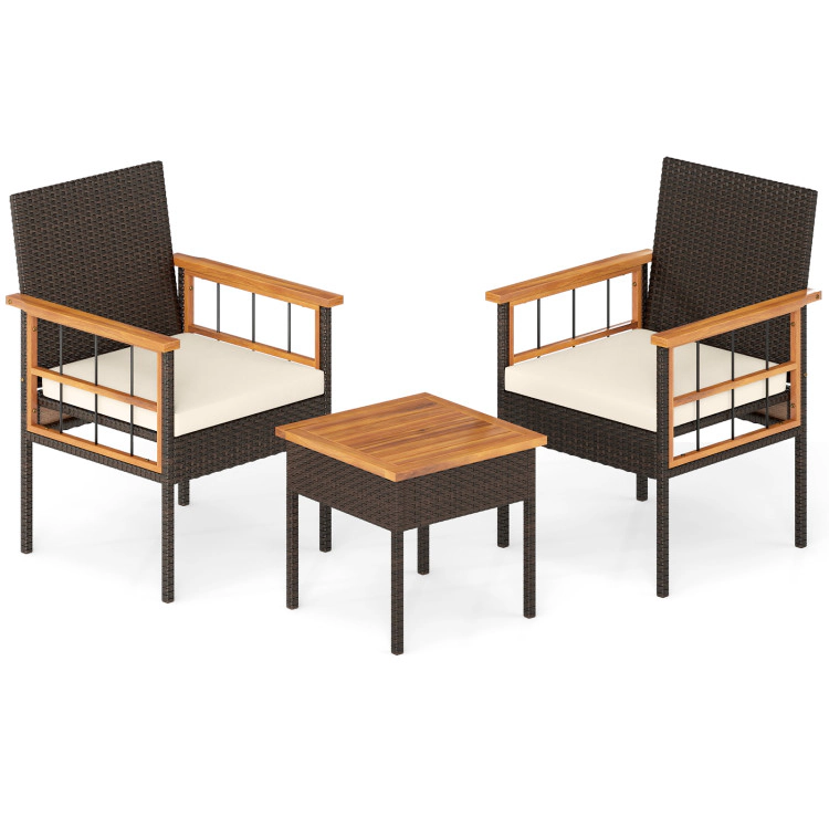 Hivvago 3 Piece Wicker Furniture Set With Acacia Wood Tabletop And Armrest For Balcony