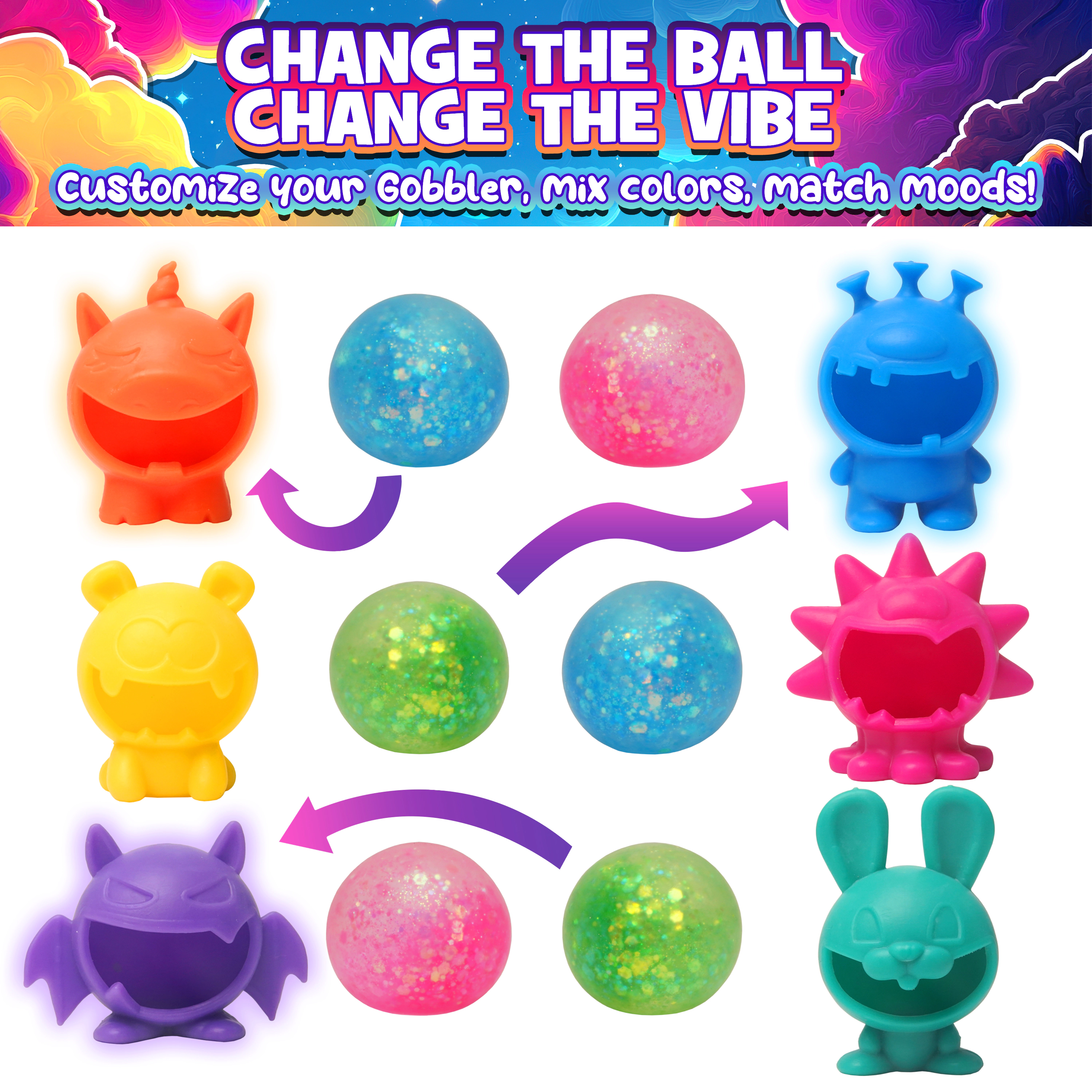Power Your Fun Glitter Gobblers Squishy 6 pack Fidget Toys for Kids