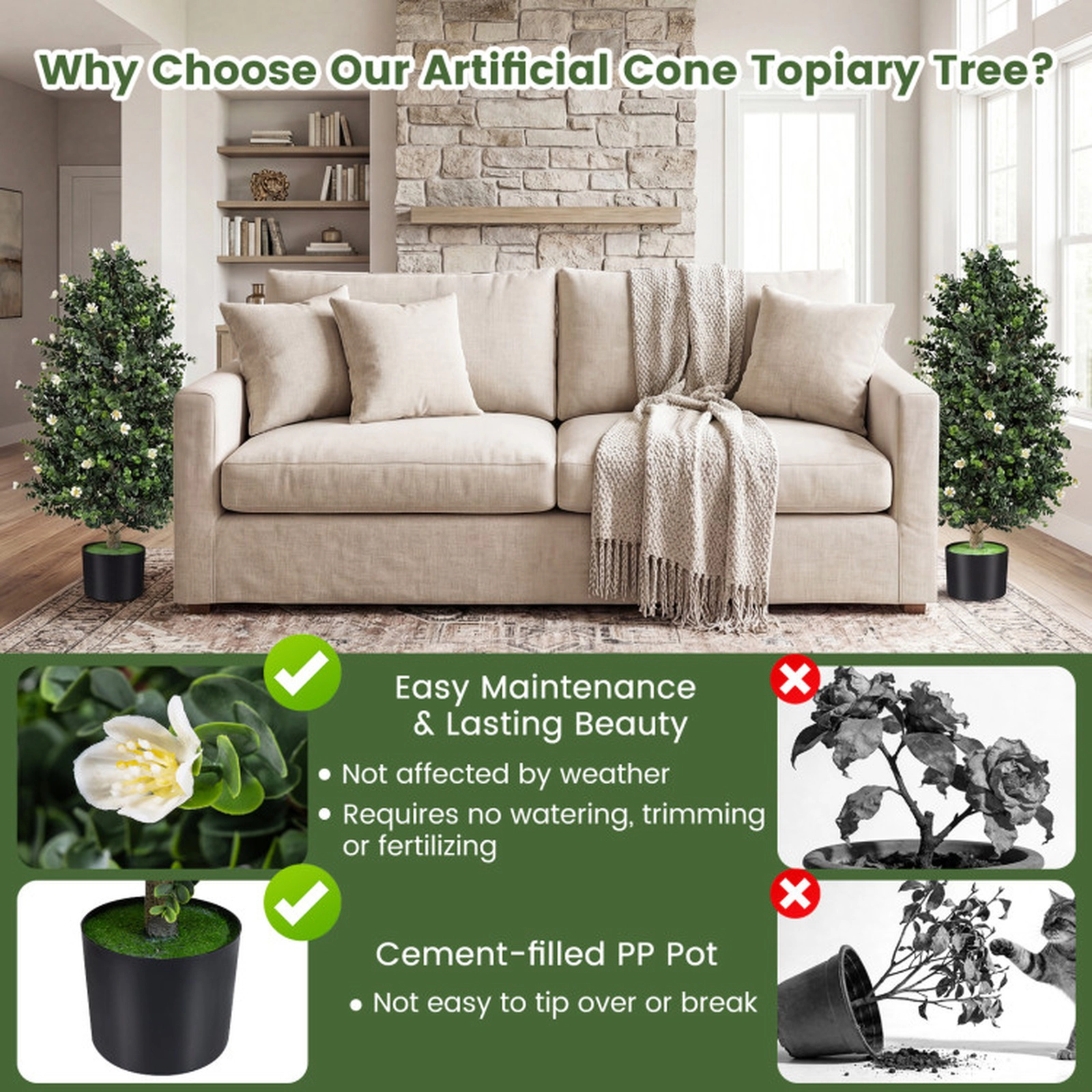 SUGIFT 2-Pack Cone Shaped 49 Blossoms Cement Pot Artificial Topiary Trees 36-in Tall 6-in Pot 16.5-lb White