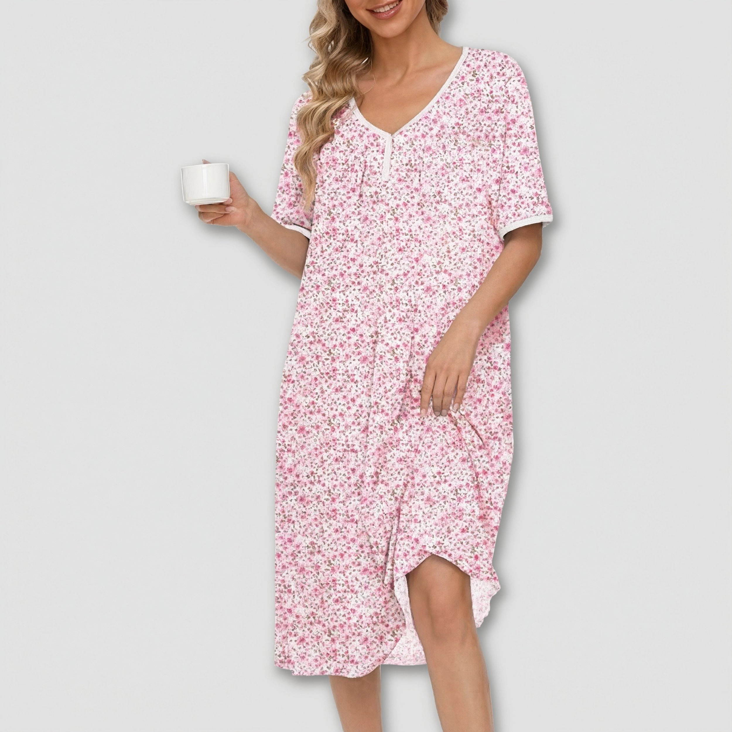 Ekouaer Cotton Nightgowns for Women Short Sleeve Night Gown V Neck Button Nightshirt