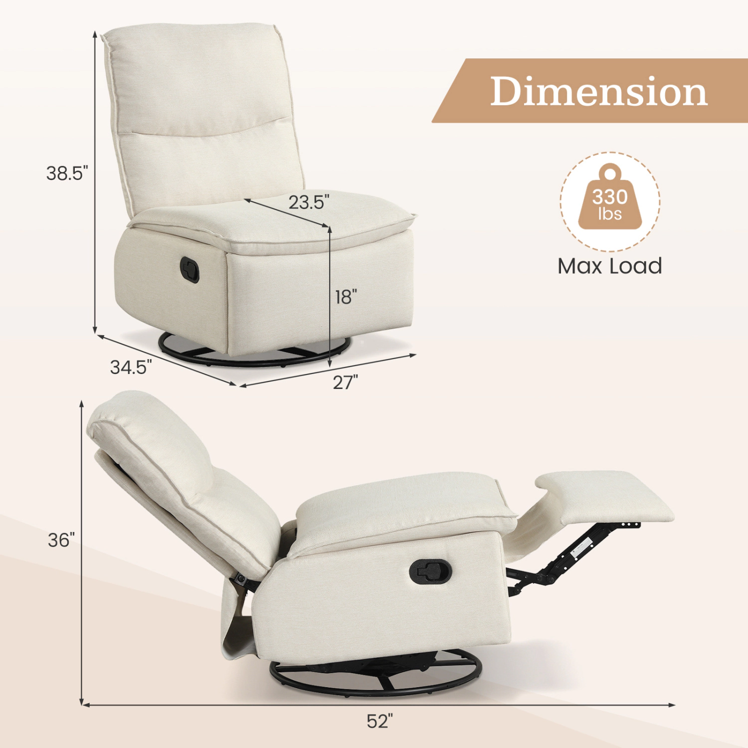 LJG 360° Swivel Rocking Chair with Cushioned Back for Living Room