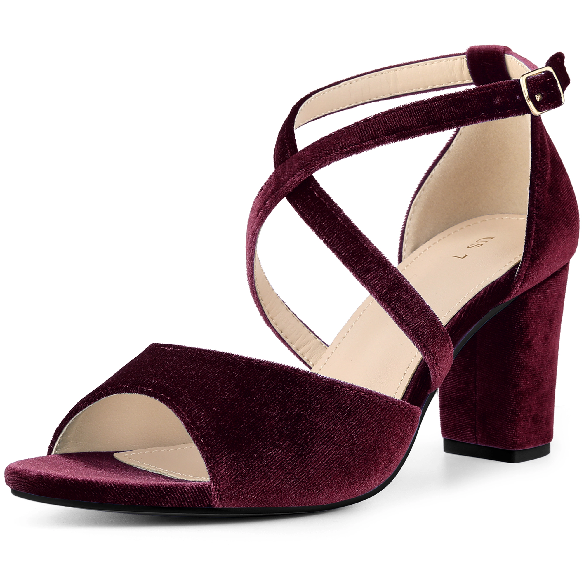 BLISSFUL STEP Women's Velvet Block Heel Crisscross Strap Sandals