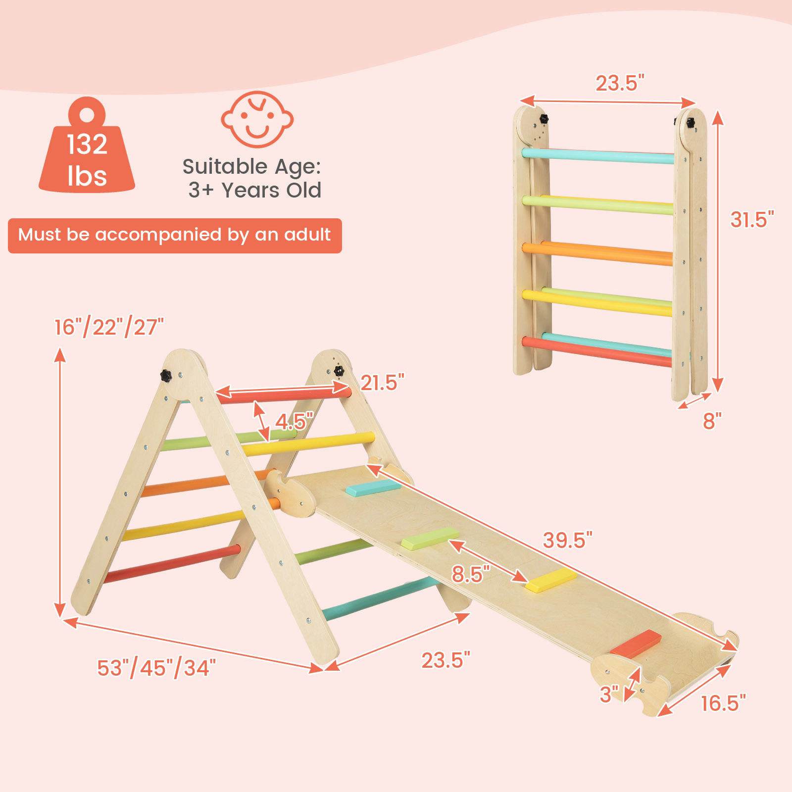 SUGIFT Kids Multicolor Foldable 3-in-1 Triangle Climber with Reversible Ramp 27-in H 132-lb Climber Capacity