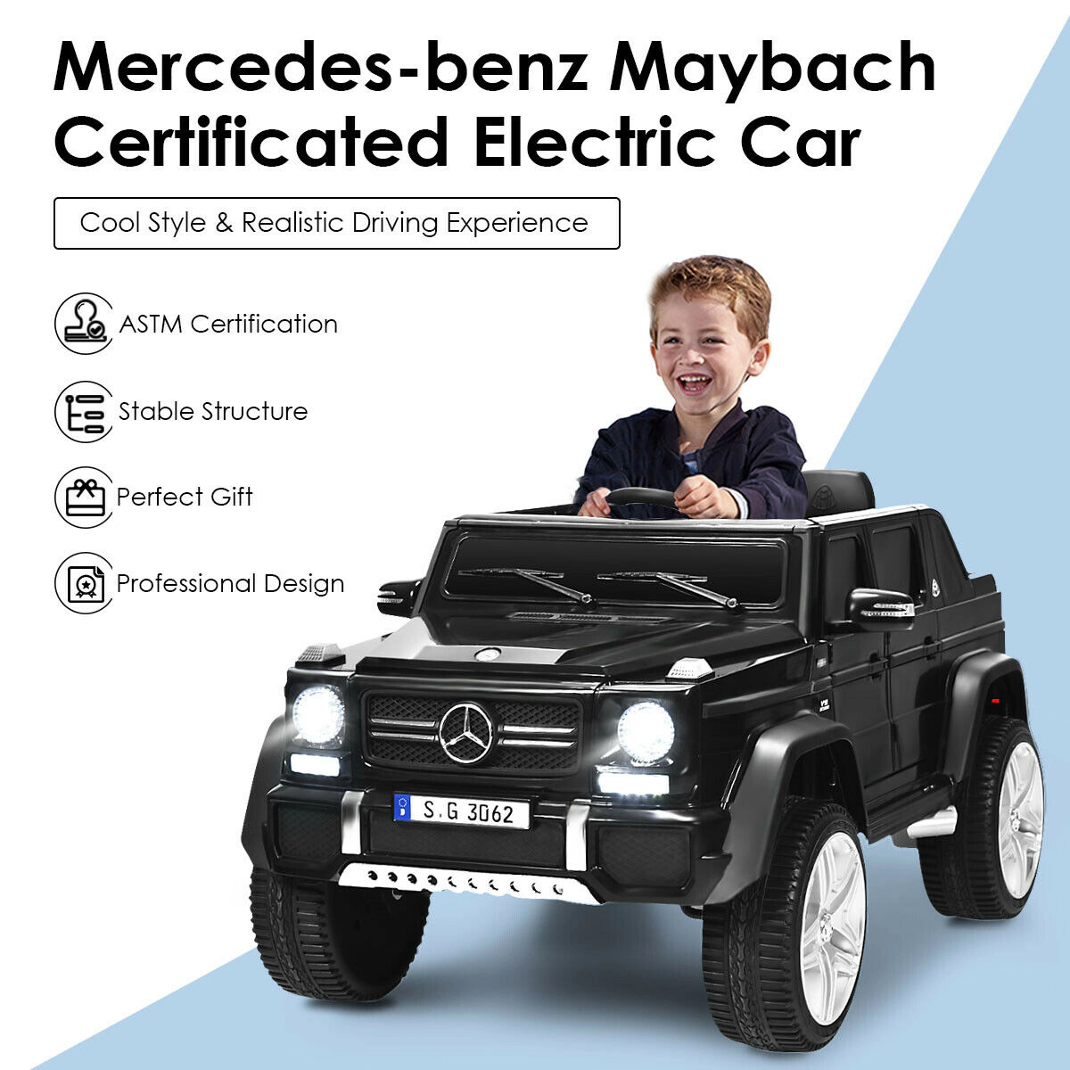 SUGIFT 12V Licensed Mercedes-Benz Kids Ride-On Car with Remote 66-lb Capacity Ages 3-6 45-in Body Black