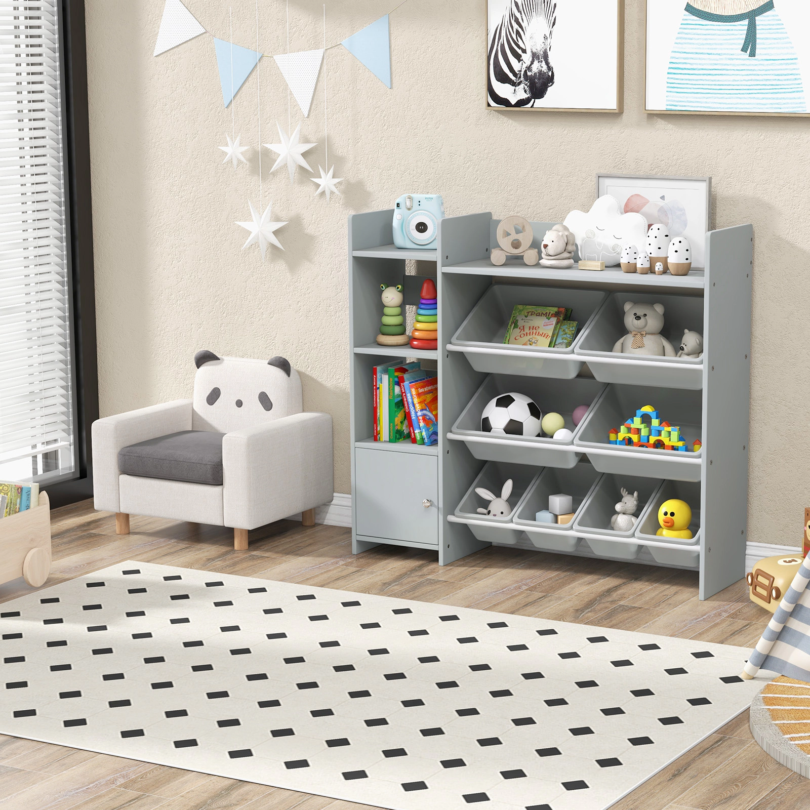 SUGIFT 4-Tier Kids Bookshelf and Toy Storage Rack with Cabinet 265-lb Total Capacity 8 Removable Bins 44.5-in Frame Gray