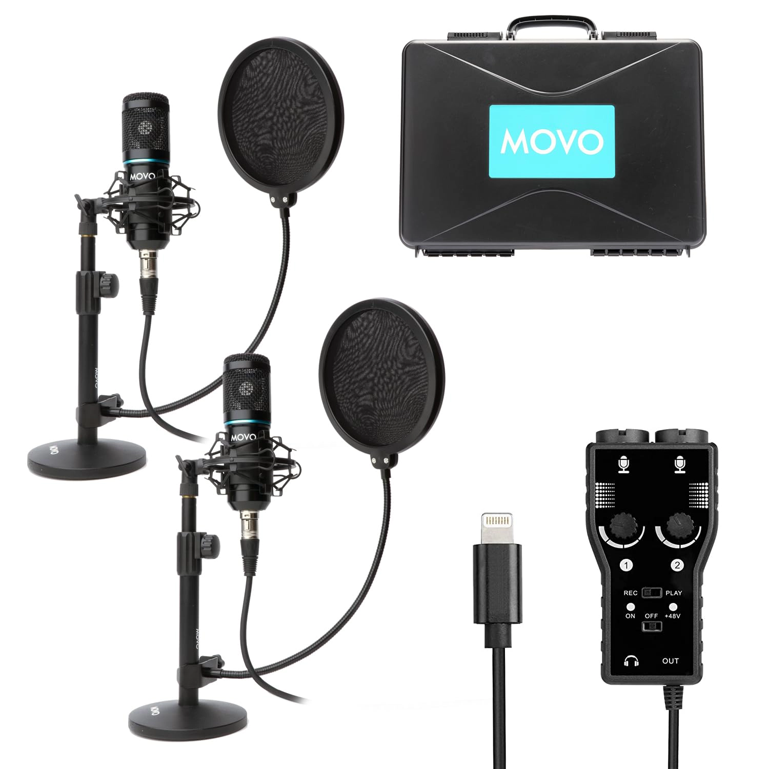Movo iPhone Podcast Equipment Bundle - 2 Pack Condenser Microphones, 2 Desktop Mic Stands, 2 Pop Filters, 2-Channel XLR