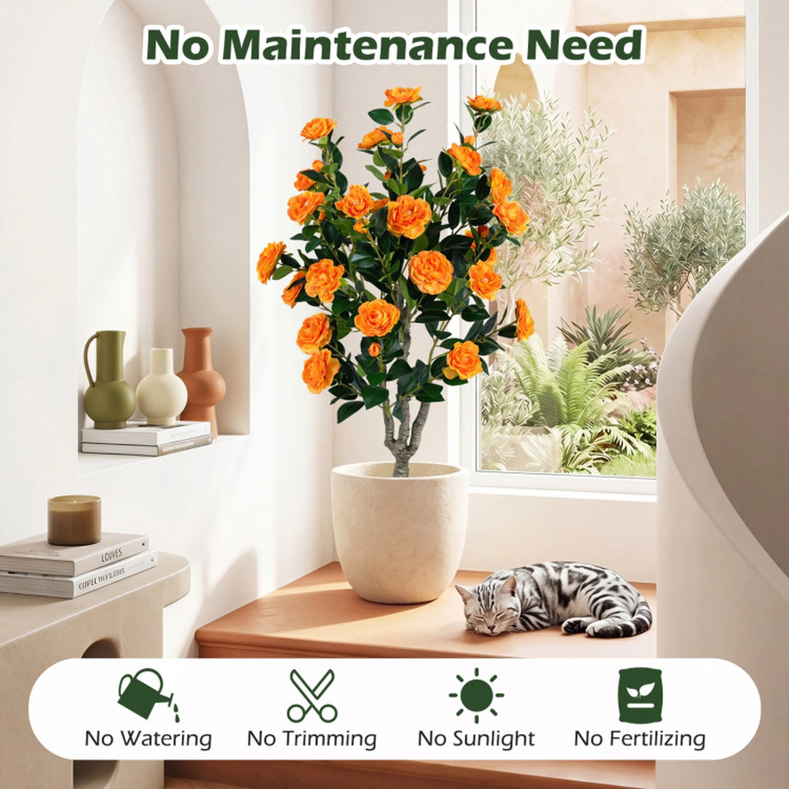 SUGIFT Set of 2 39.5-in Silk Blossoms Shapeable Branches Artificial Camellia Trees 6-in x 5-in Pot 13-lb Orange