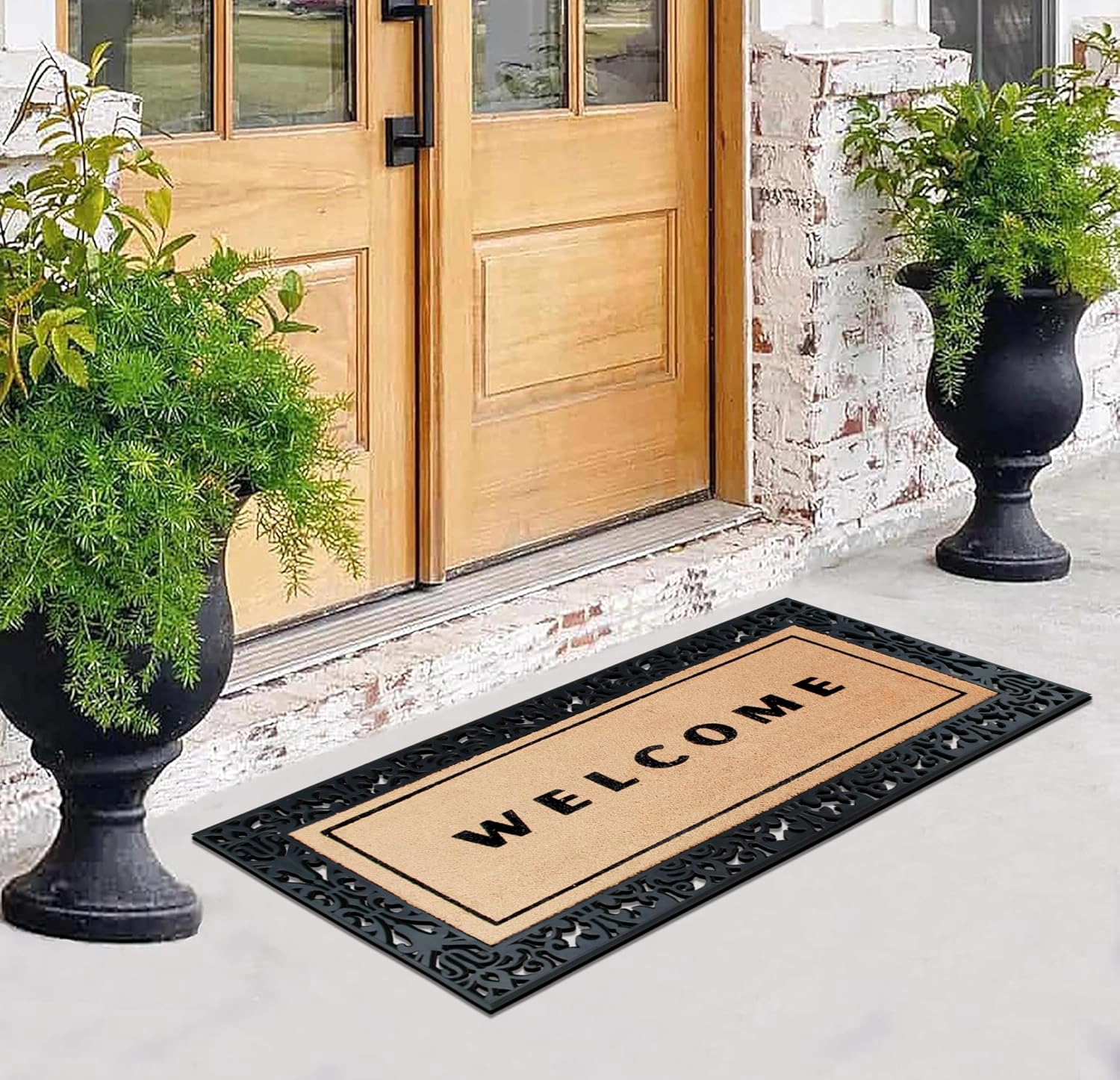 A1HC Coir Flocked Door Mat 30x60 Inches Heavy Duty Non-Slip Durable Flock Welcome Paisley Border