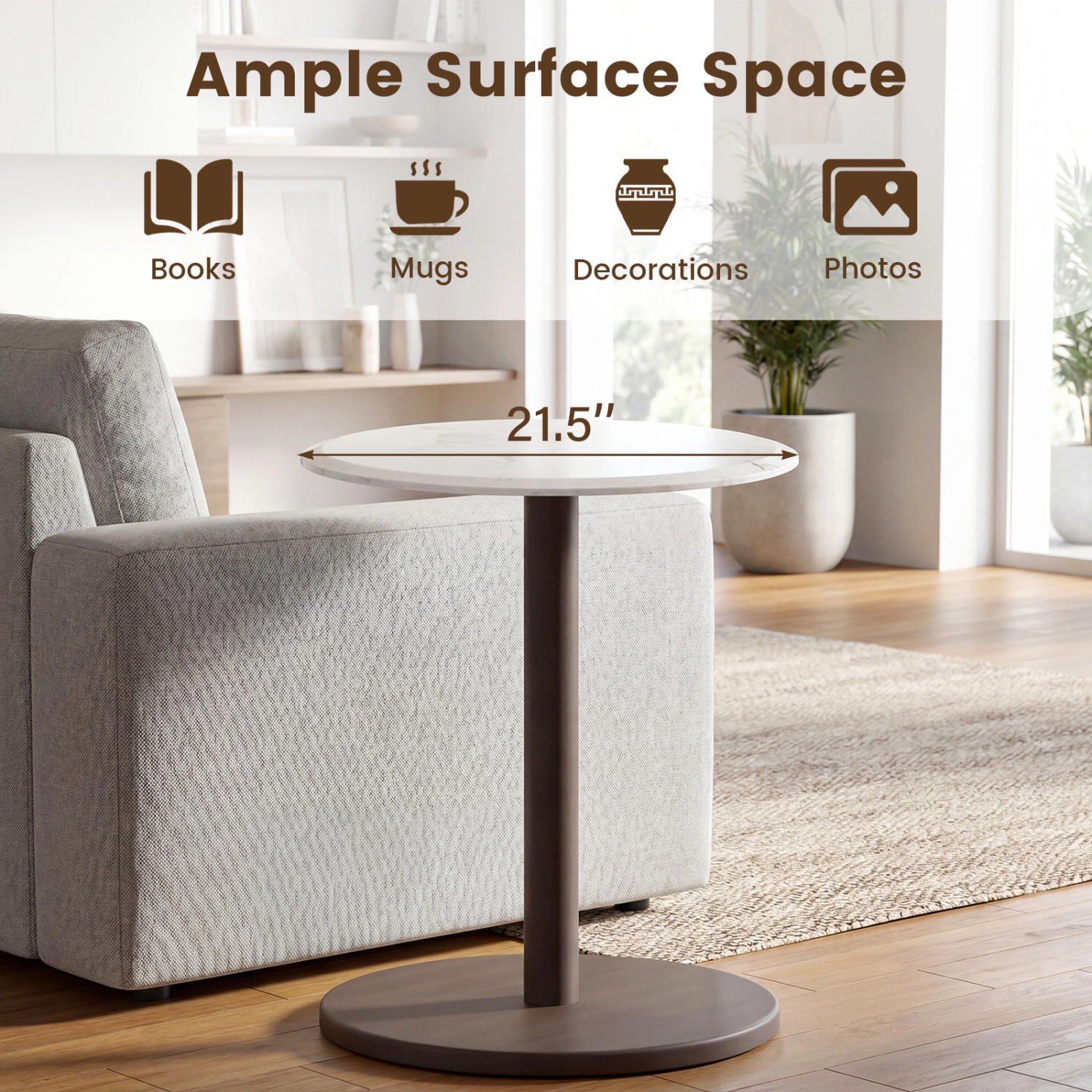 Glintex Round Genuine Marble Pedestal Side Table with Rubber Wood Column, White