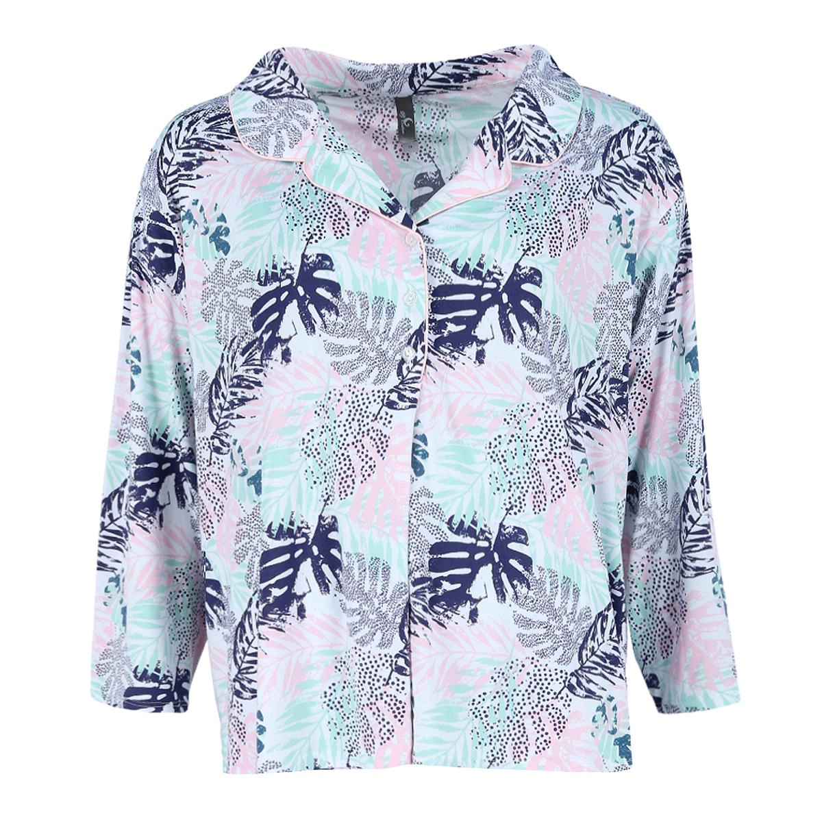 PJ Couture Women's Plus Tropic Palms Notch Collar Short Set