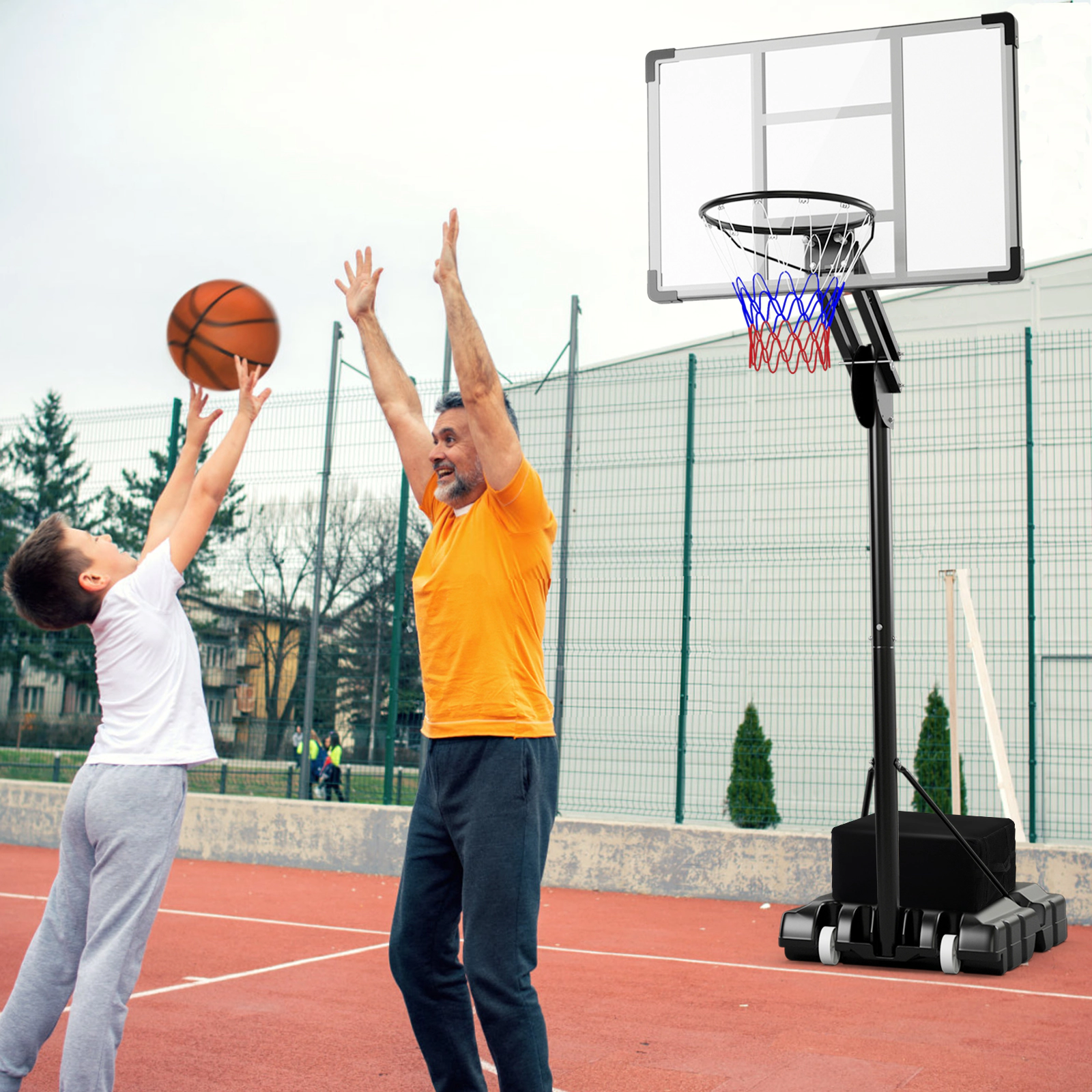 SUGIFT Black Adjustable Basketball Hoop with Shatterproof PET Backboard and Weight Bag 4.9-ft to 10-ft H 18-in Rim