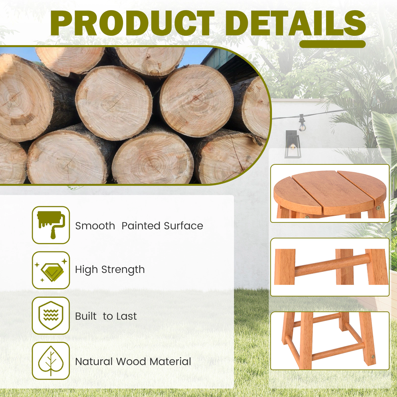 SUGIFT Set of 2 Round Seat and Wood Crossbars Eucalyptus Wood 18-in 265-lb Rated Stools Natural