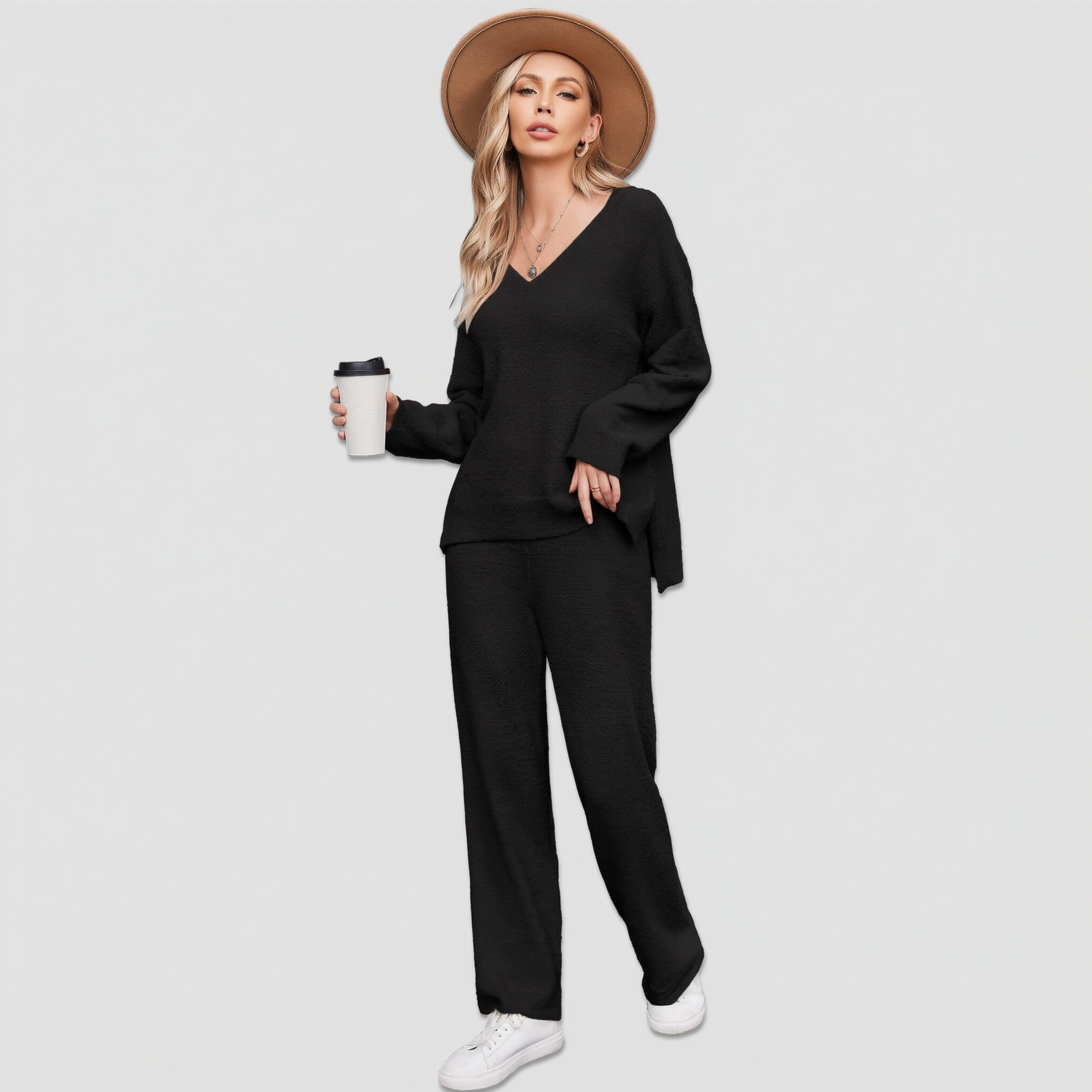 Ekouaer Womens Pajamas Outfits Winter Long Two Piece Loungewear V Neck Sweater Top and Pants Set