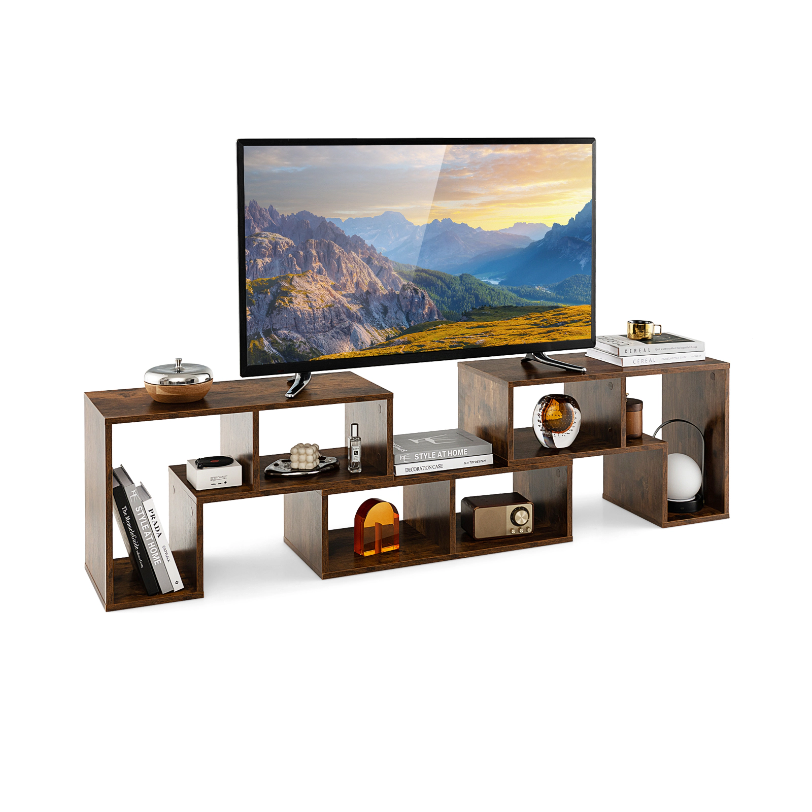 SUGIFT 3-Piece Brown Modular TV Stand for TVs up to 65 Inches, 6 Open Cubbies