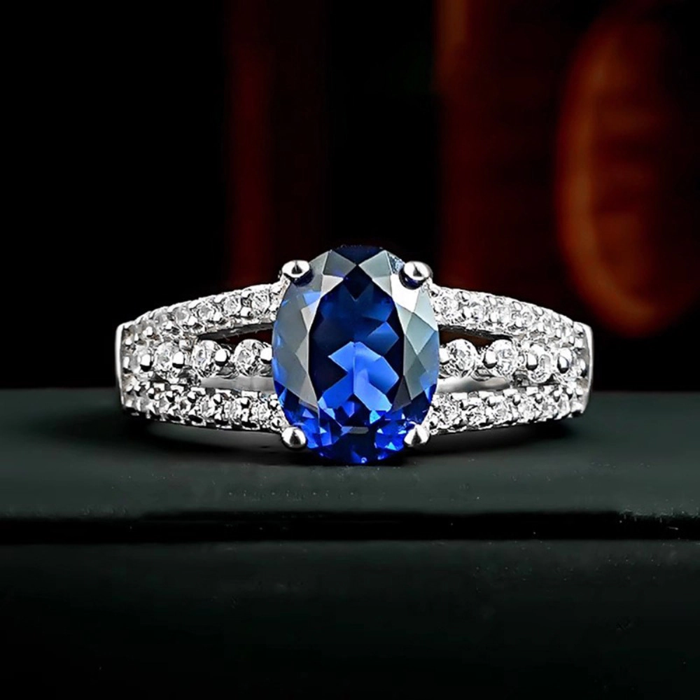 Oval Sapphire Ring Double Band Royal Blue Statement Ring