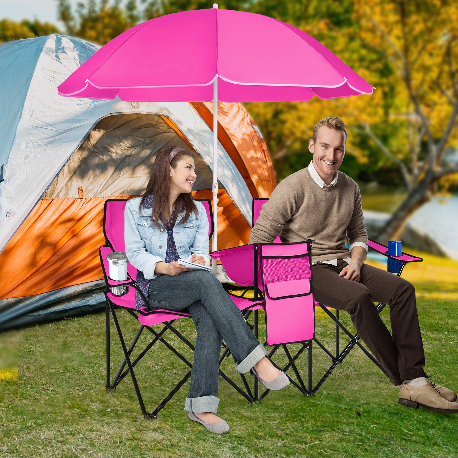 SUGIFT Portable Folding Picnic Double Chair with Umbrella and Cooler Bag 270-lb Capacity per Seat 600-lb Total Pink