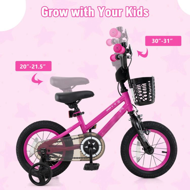 SUGIFT Pink Front Basket Training Wheels and Quick Release Seat Kids 14 Inch Bike