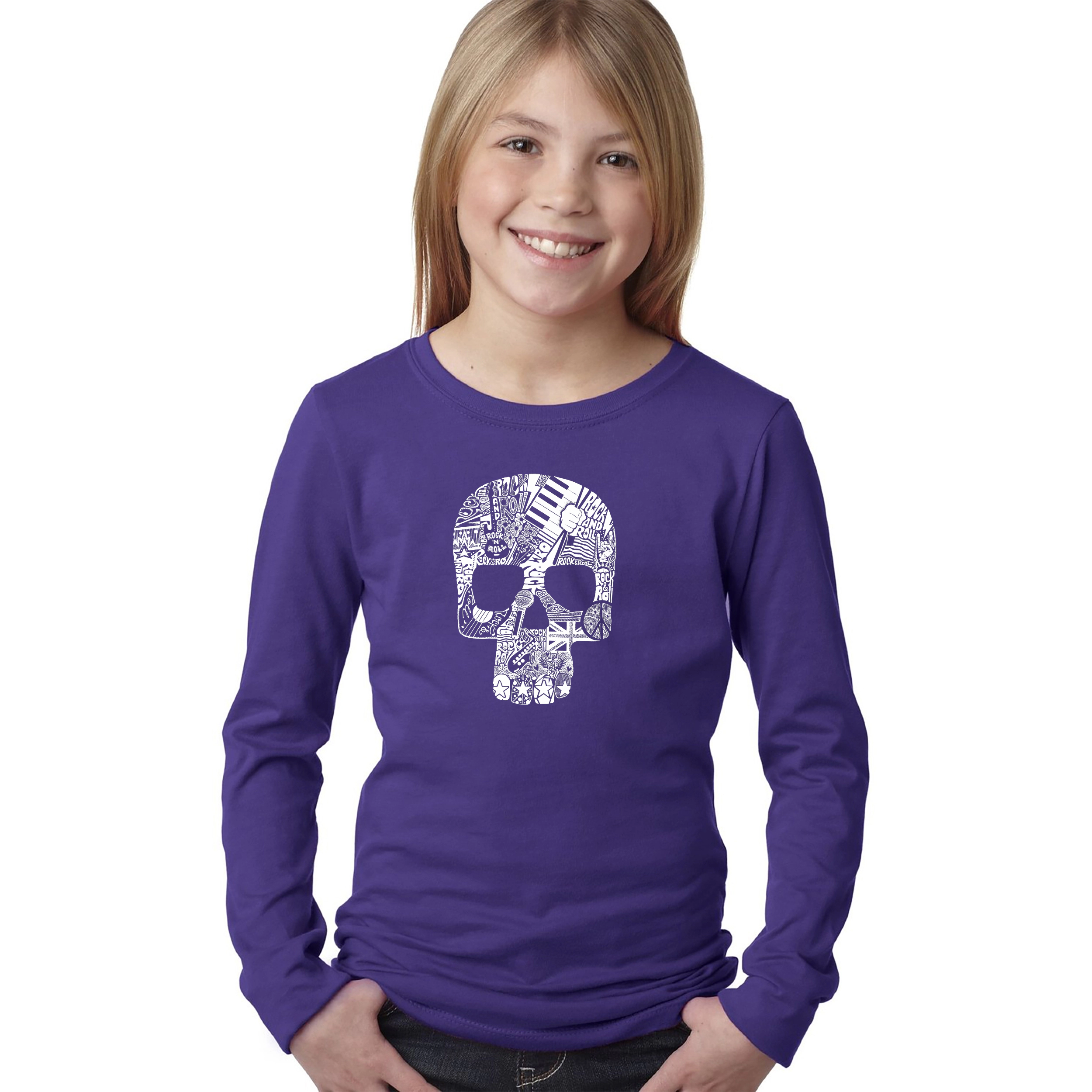 LA Pop Art Girls Long Sleeve Word T-Shirt - Rock n Roll Skull