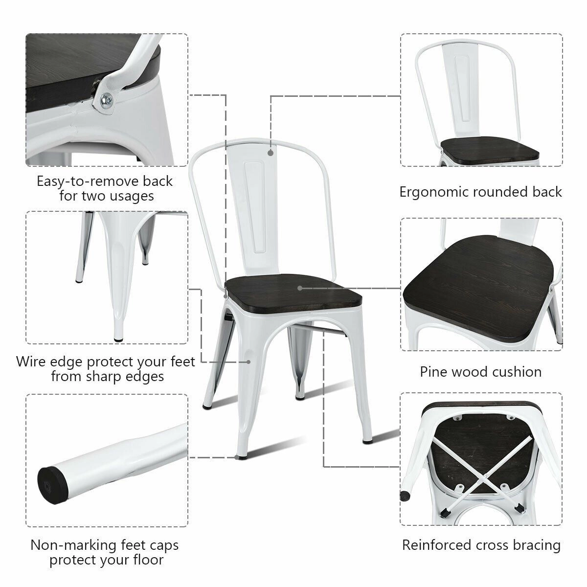 SlickBlue Set of 4 Stackable Dining Chairs, Elmwood Seat, Metal Legs, White