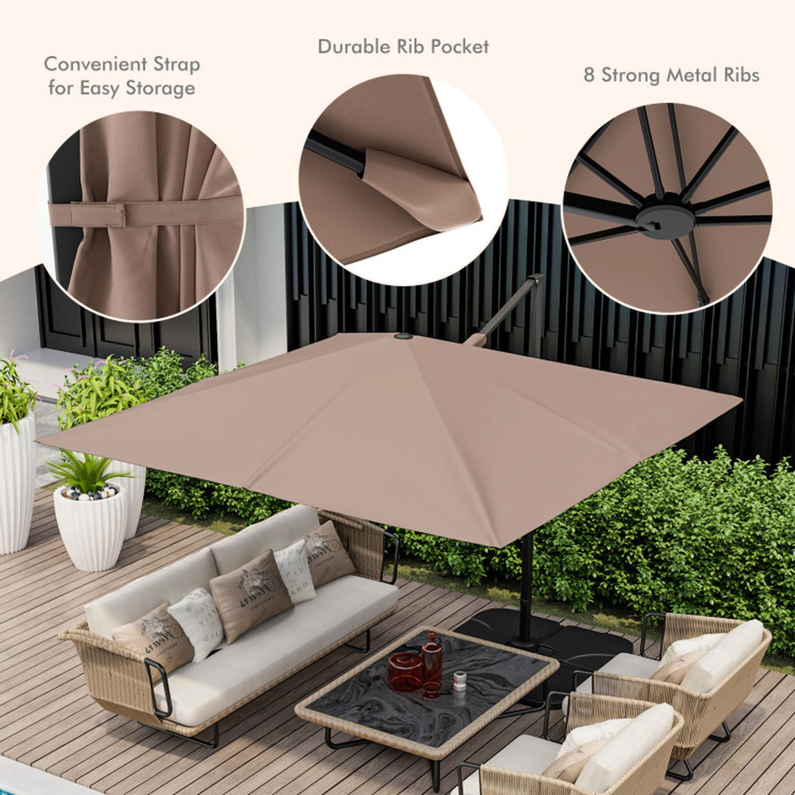 SUGIFT 9.3-ft Square Patio Cantilever Umbrella with 360° Rotation Foot Pedal and Cross Base Coffee Polyester Canopy