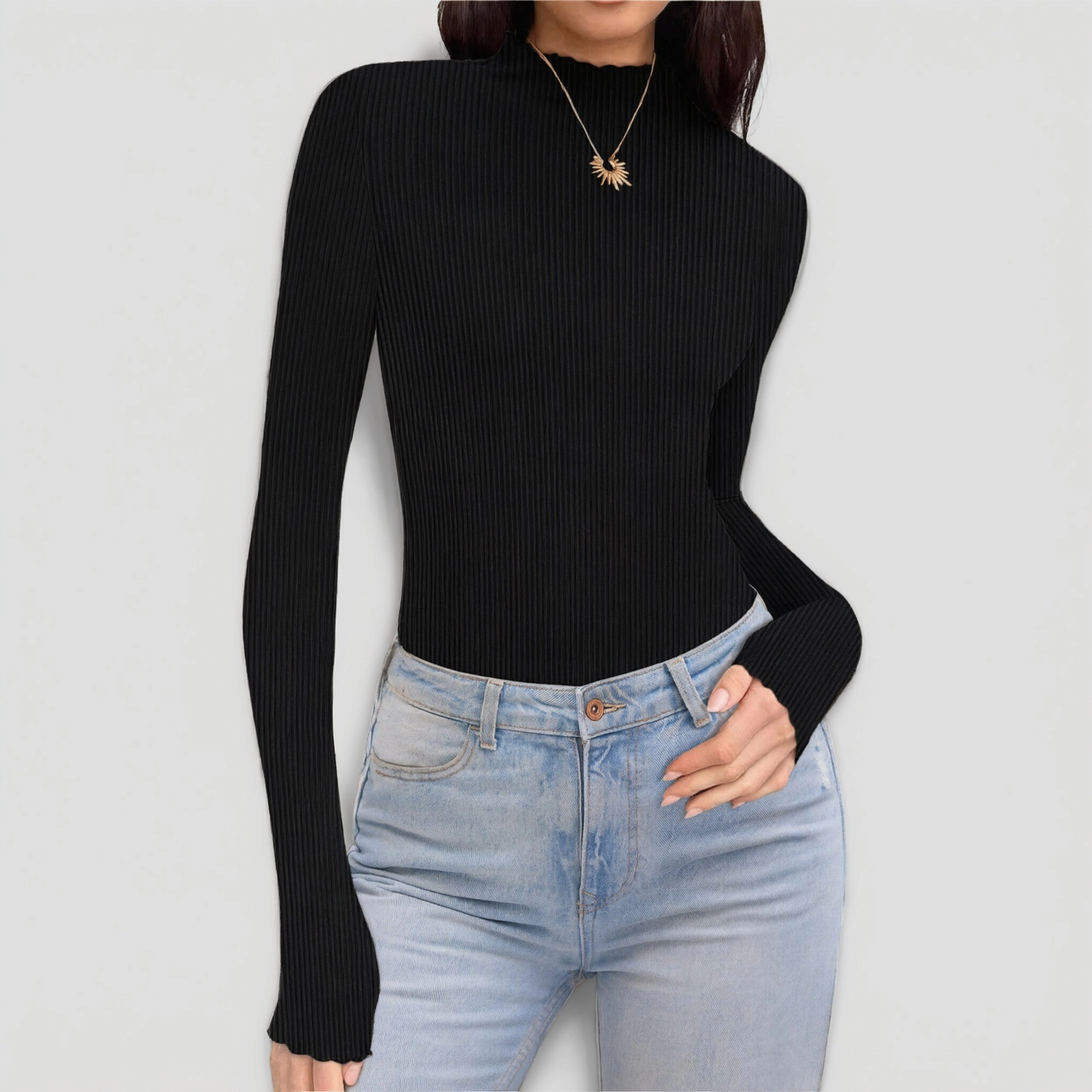 Ekouaer Womens Turtleneck Shirt Ribbed Long Sleeve Mock Neck Tops Slim Fit Lettuce Trim Base Layer