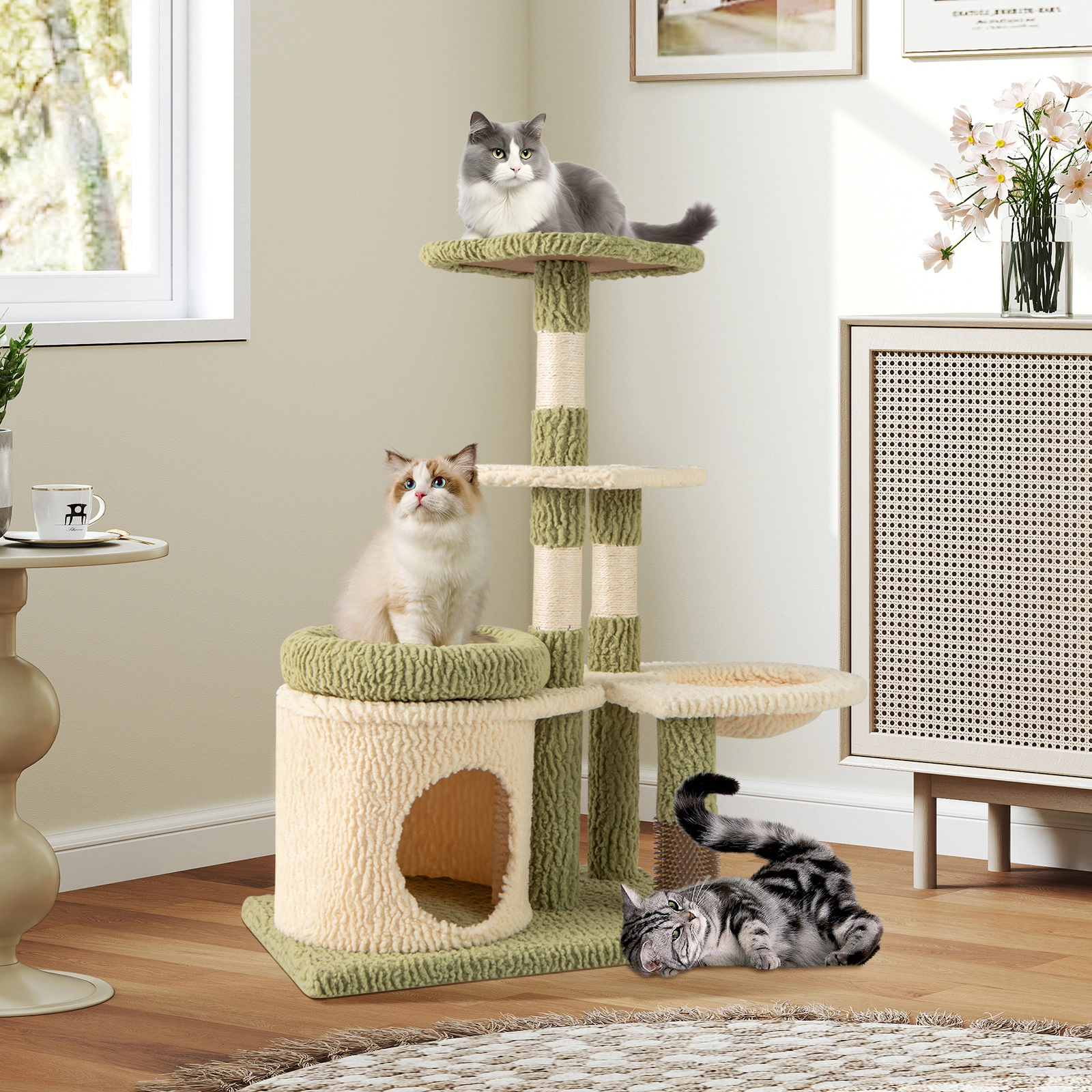 SUGIFT 38-in Kitten Cat Tree Tower with Bottom Condo Self-Groomer 13.5-in Bed Hammock and Sisal Posts