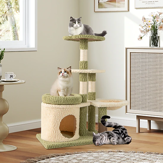 SUGIFT 38-in Kitten Cat Tree Tower with Bottom Condo Self-Groomer 13.5-in Bed Hammock and Sisal Posts