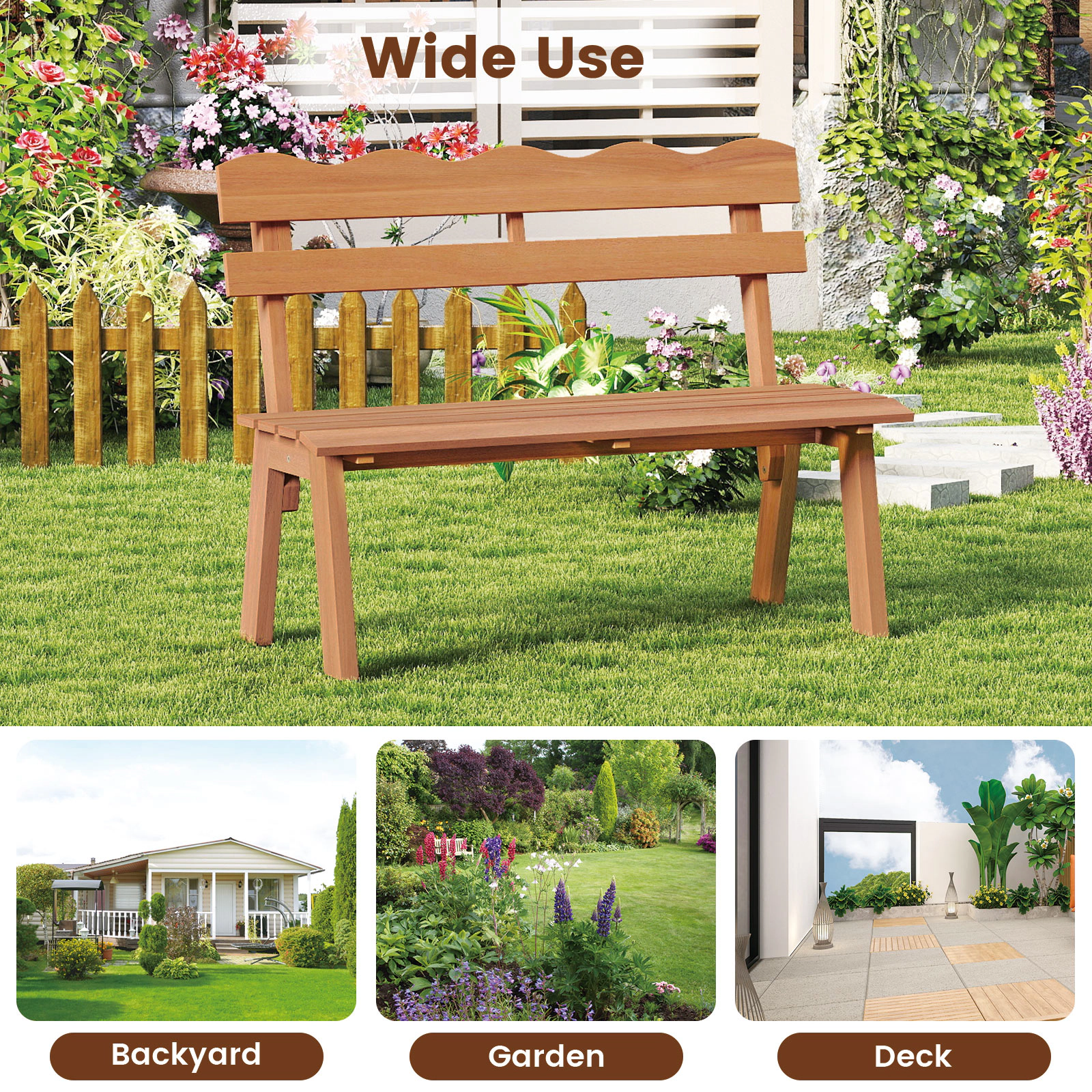 SUGIFT 42-In Acacia Wood Outdoor Bench, Waved Backrest, 800-Lb Capacity