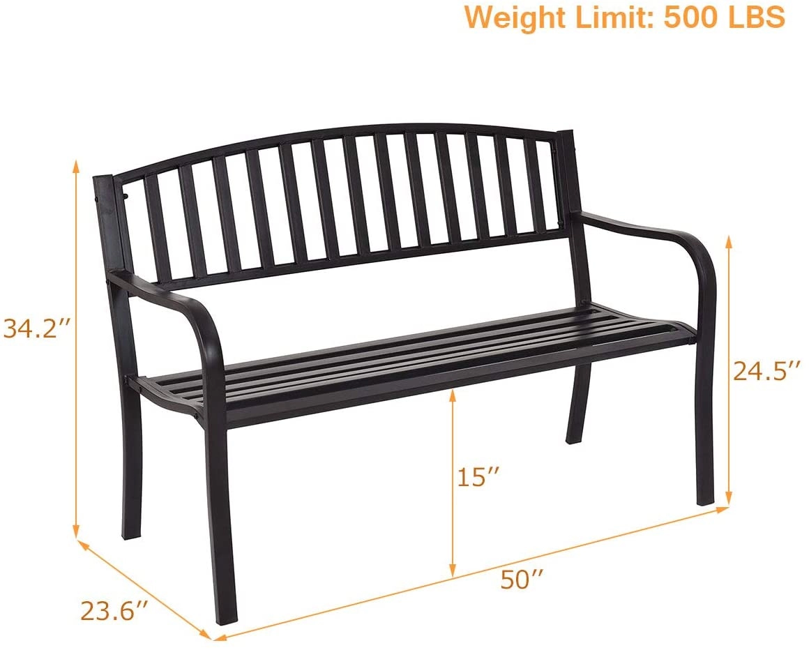 SUGIFT 50-Inch Black Steel Outdoor Garden Loveseat Bench, 500-Lb Capacity, with Armrests