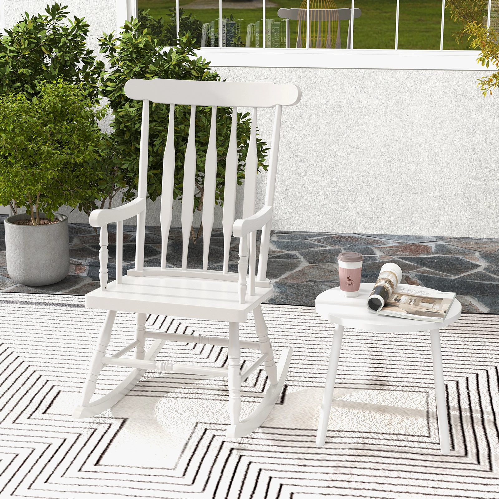 SUGIFT White Solid Rubber Wood Rocking Chair, 300 lb Capacity