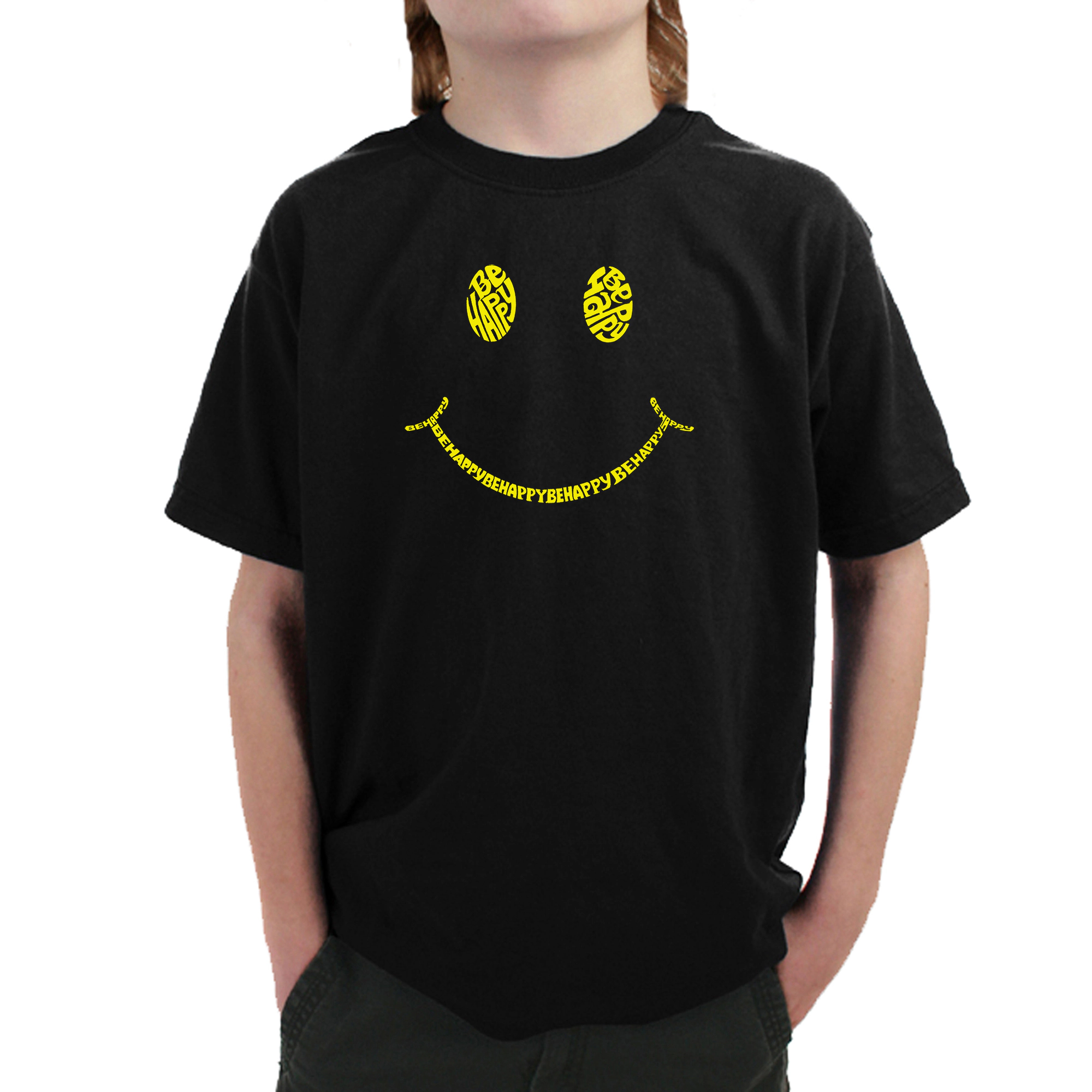 LA Pop Art Boy's Word T-Shirt - Be Happy Smiley Face